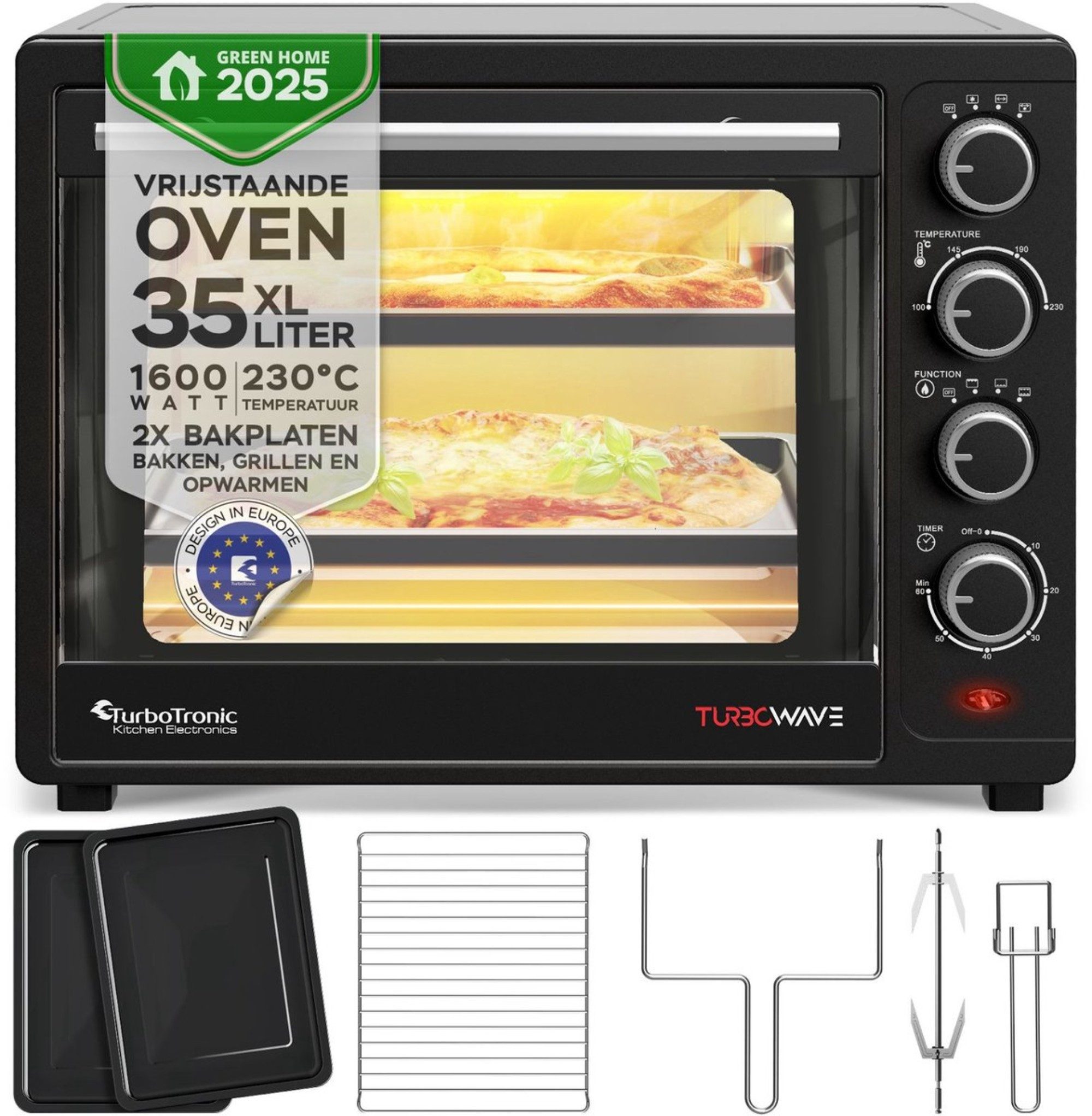 Minibackofen mit Umluft und Drehspieß 35 Liter, Schwarz, inkl. 2x Backbleche 1600W