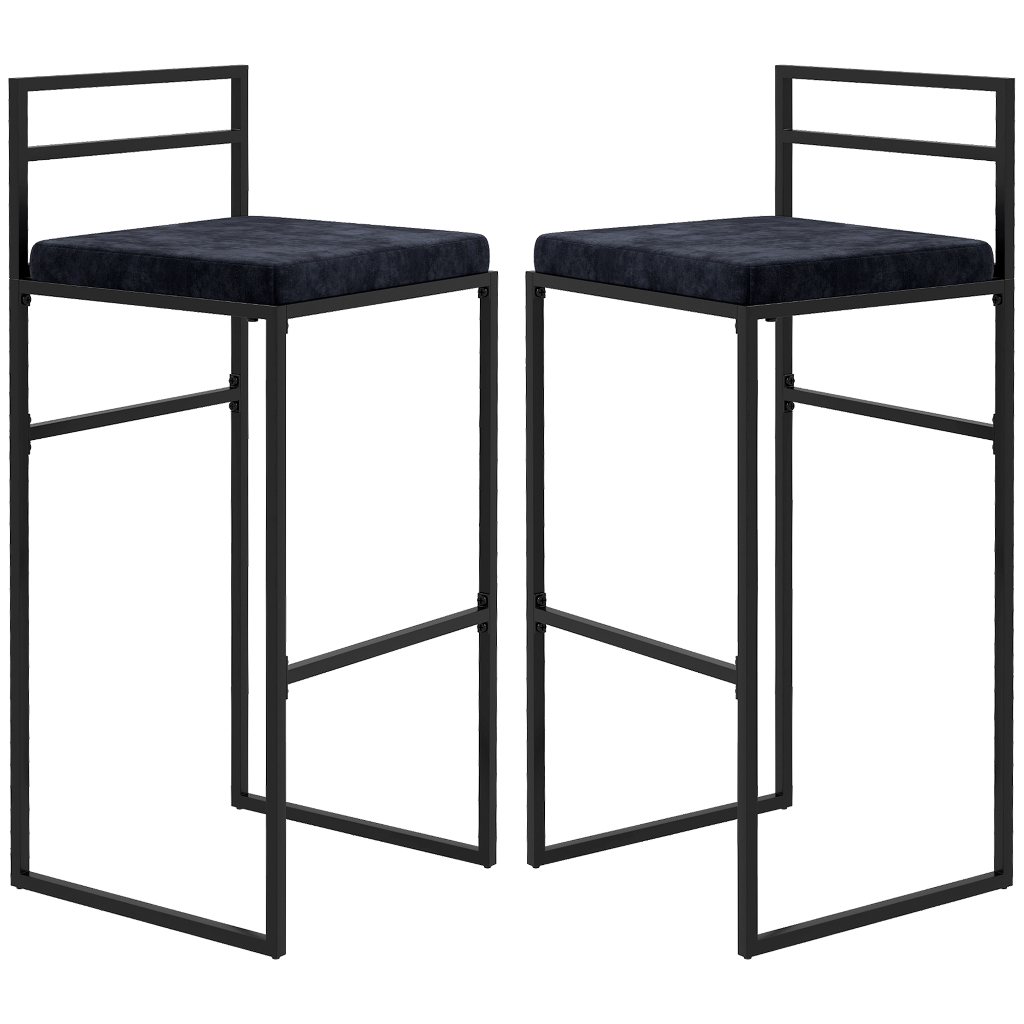 HOMCOM Set aus 2 Barhockern Hochstühle mit Samtsitzkissen und Fußstütze Höhe 74 cm Schwarz