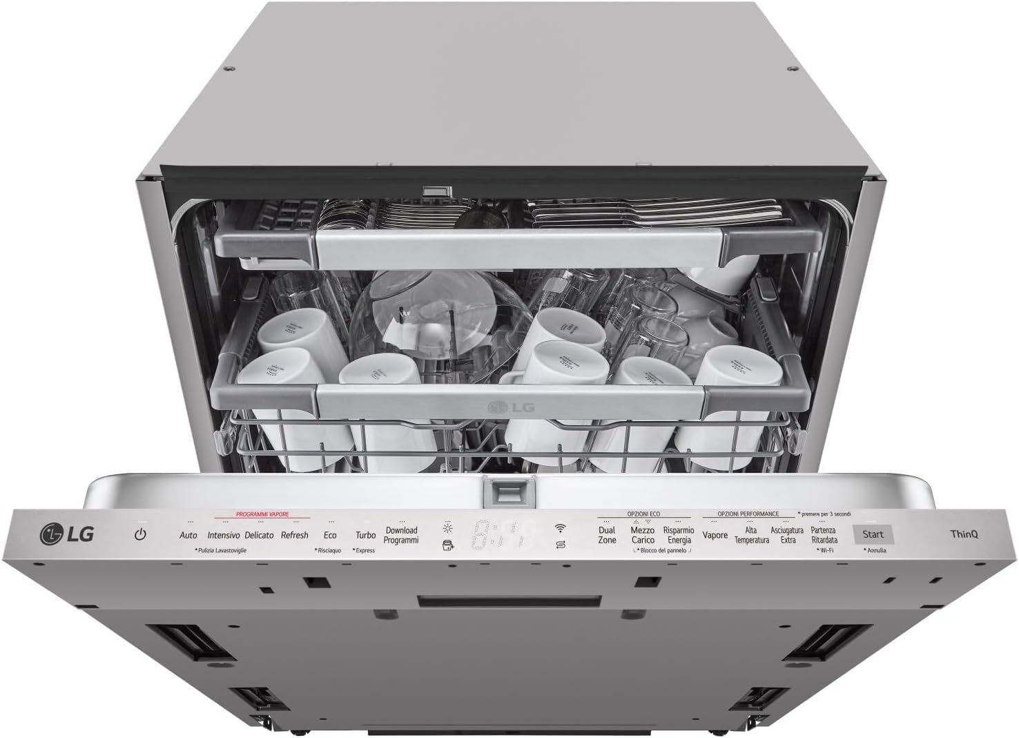QuadWash DB365TXS Lavastoviglie da Incasso a Scomparsa Totale, Serie 3, Classe B, 14 coperti, 4 Bracci Irroratori, Vapore, Cerniere Sliding, Apertura Automatica, 3° Cestello, Wi-Fi, Acciaio
