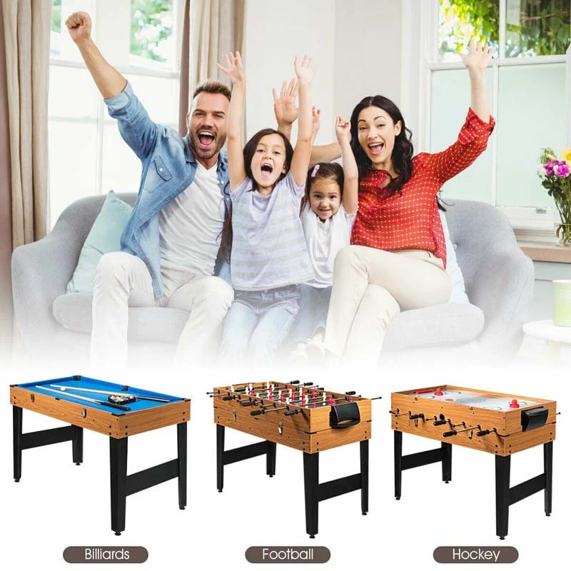 48" 3 in 1 Combo Game Table with Soccer, Billiard, Slide Hockey, Wood Multi Game Table Foosball Table for Game Room