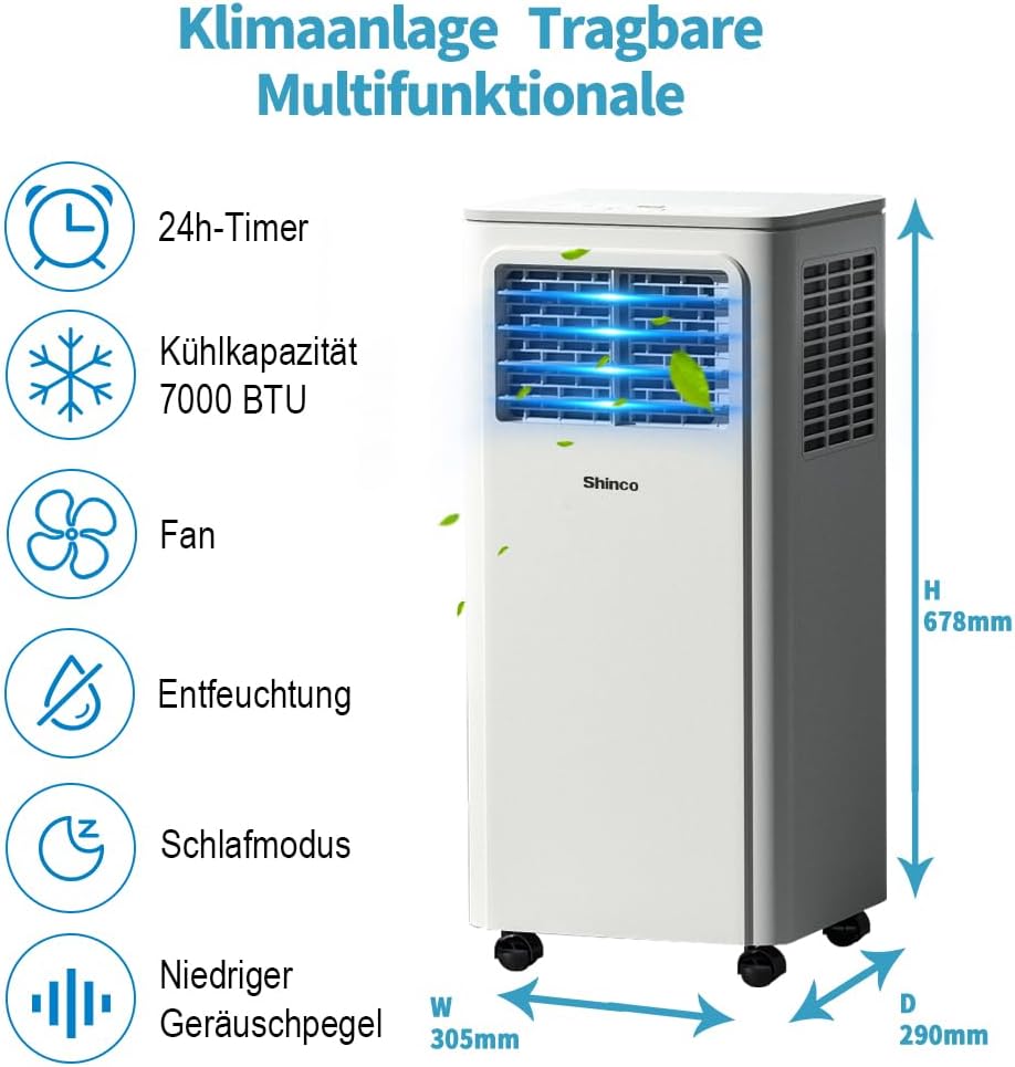 SHINCO Mobile Klimaanlage mit Abluftschlauch, 9000BTU, 2,6 kW, Kühlen&Ventilieren&Entfeuchten, Mobiles Klimagert mit Schlafmodus, Raumgre bis 22㎡, 24-Stunden-Timer