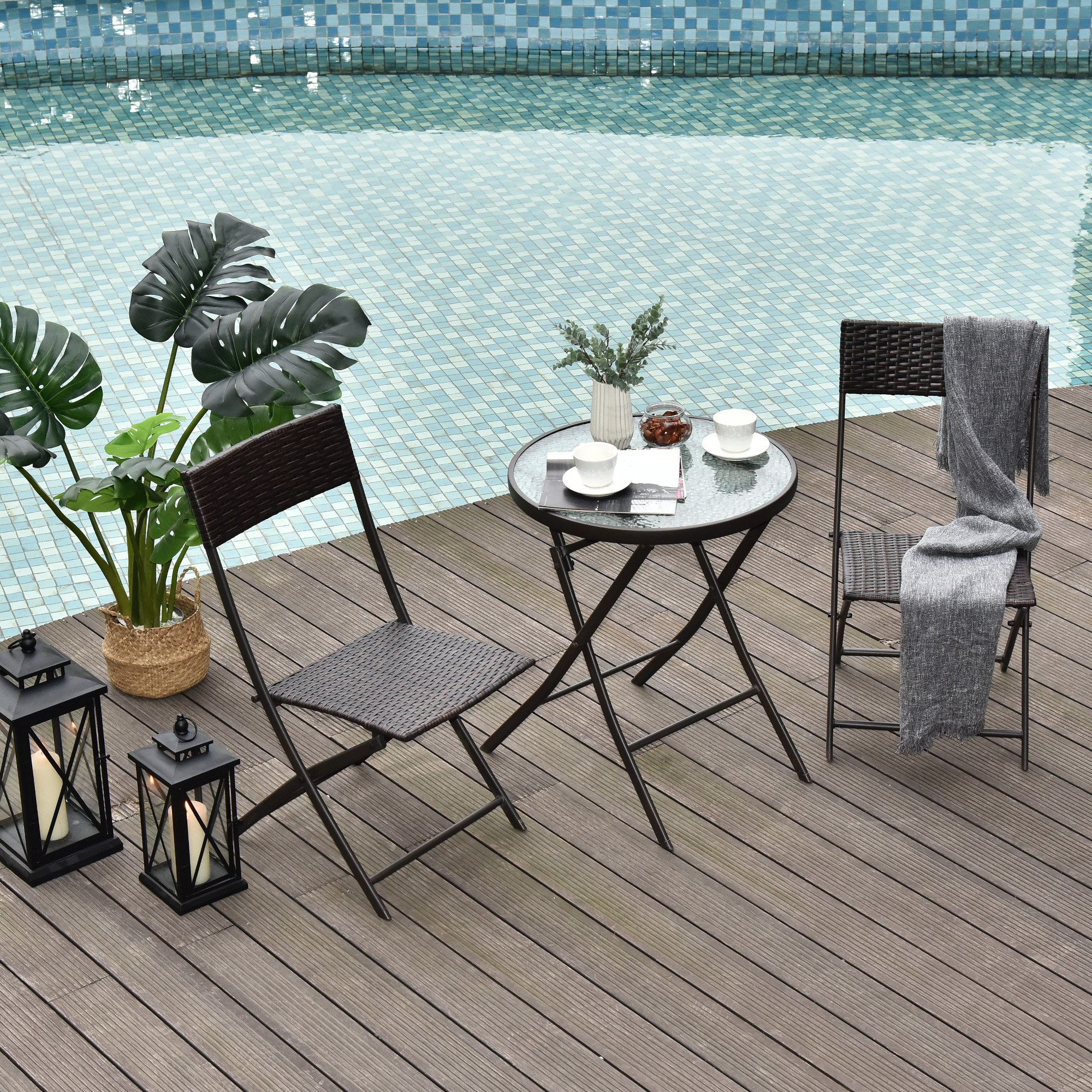 Outsunny Bistroset Balkonset Garnitur Polyrattan 3 tlg. Klappbar Garten Braun