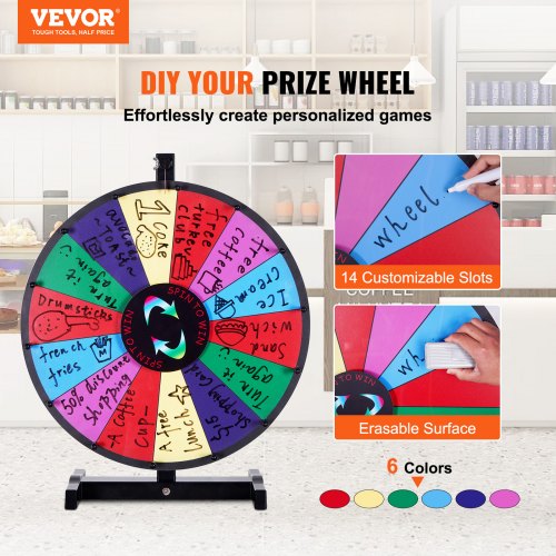 VEVOR 457 mm Glücksrad, Tisch-Drehrad mit 14 Schlitzen, Roulette-Rad mit Trocken Abwischbarem Stift & 2 Markern, Gewinnen Sie Glücksradspiele bei Partys, Kneipen, Messen und Karnevalen