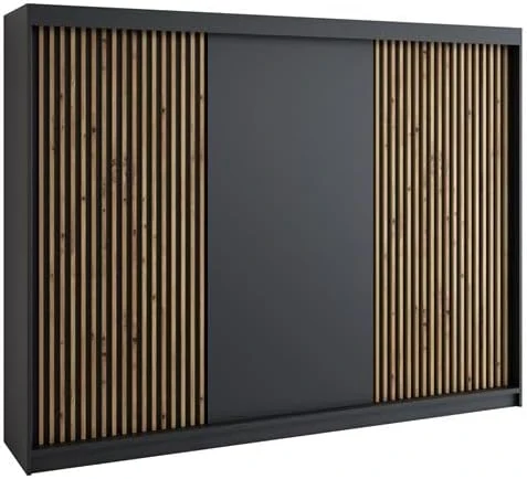 Kleiderschrank A&J MöbelLand, 200 cm, Schwarz, Schwebetürenschrank IOSA 3-türig mit 4 Schubladen & 3D, Garderobe ( / / / )