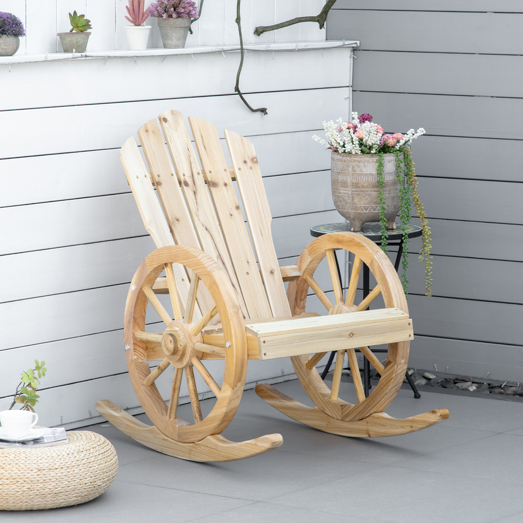 Outsunny Rustikaler Schaukelstuhl, Gartenstuhl, Wagenrad-Design, wetterfest, Tannenholz, 68 x 88 x 92 cm