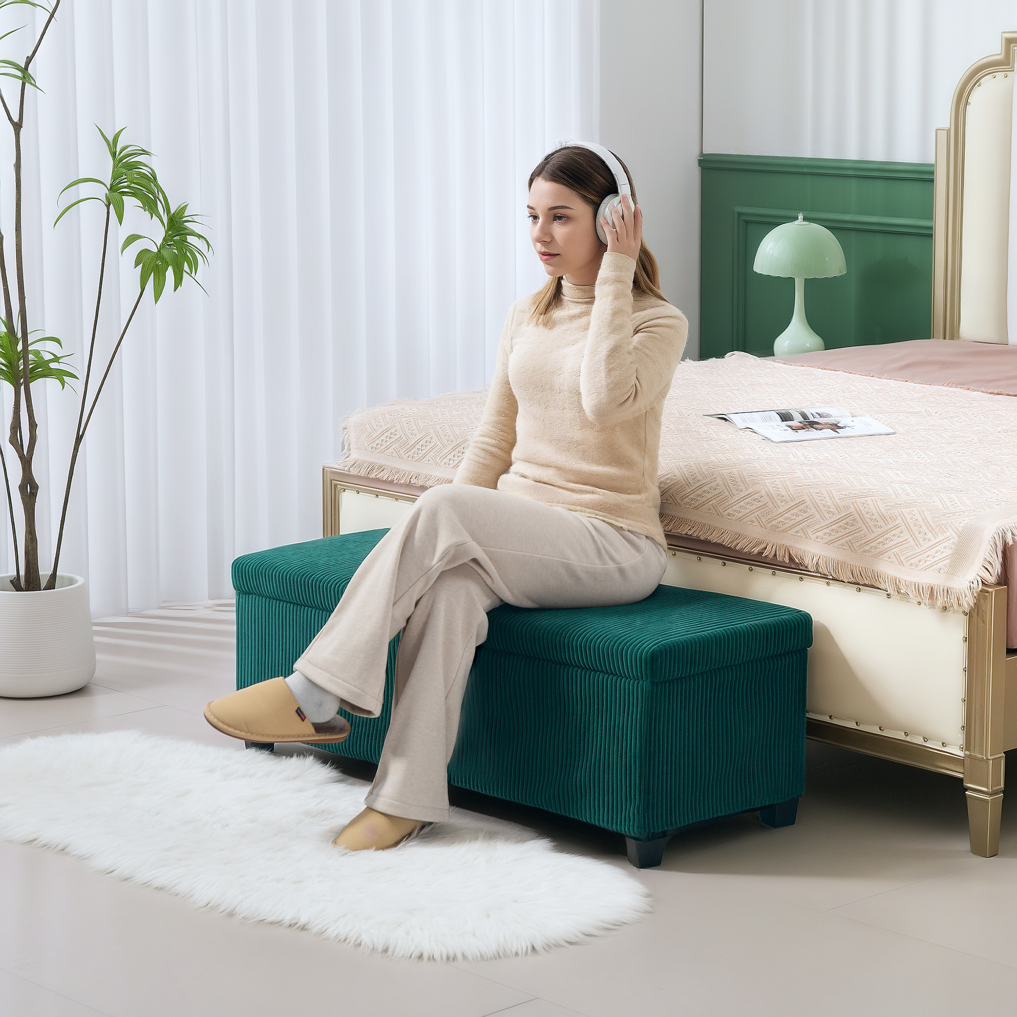 HOMCOM Samt Cord Aufbewahrungshocker End Of Bed mit Deckel, für Wohnzimmer, Schlafzimmer, Eingangsbereich, 112 x 42 x 40 cm, Grün