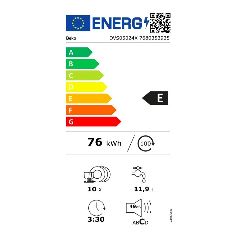 Beko DVS05024S - Lavastoviglie Slim Libera Installazione 10 Coperti Classe E 45 cm Argento