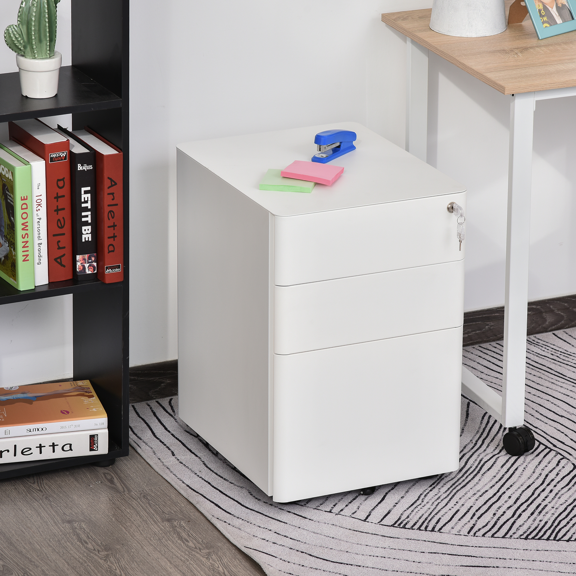 Vinsetto Rollcontainer, mobiler Aktenschrank mit 3 Schubladen, abschließbarer Büroschrank mit Hängeregistratur, Aufbewahrung, Stahl, 39 x 48 x 59 cm Weiß
