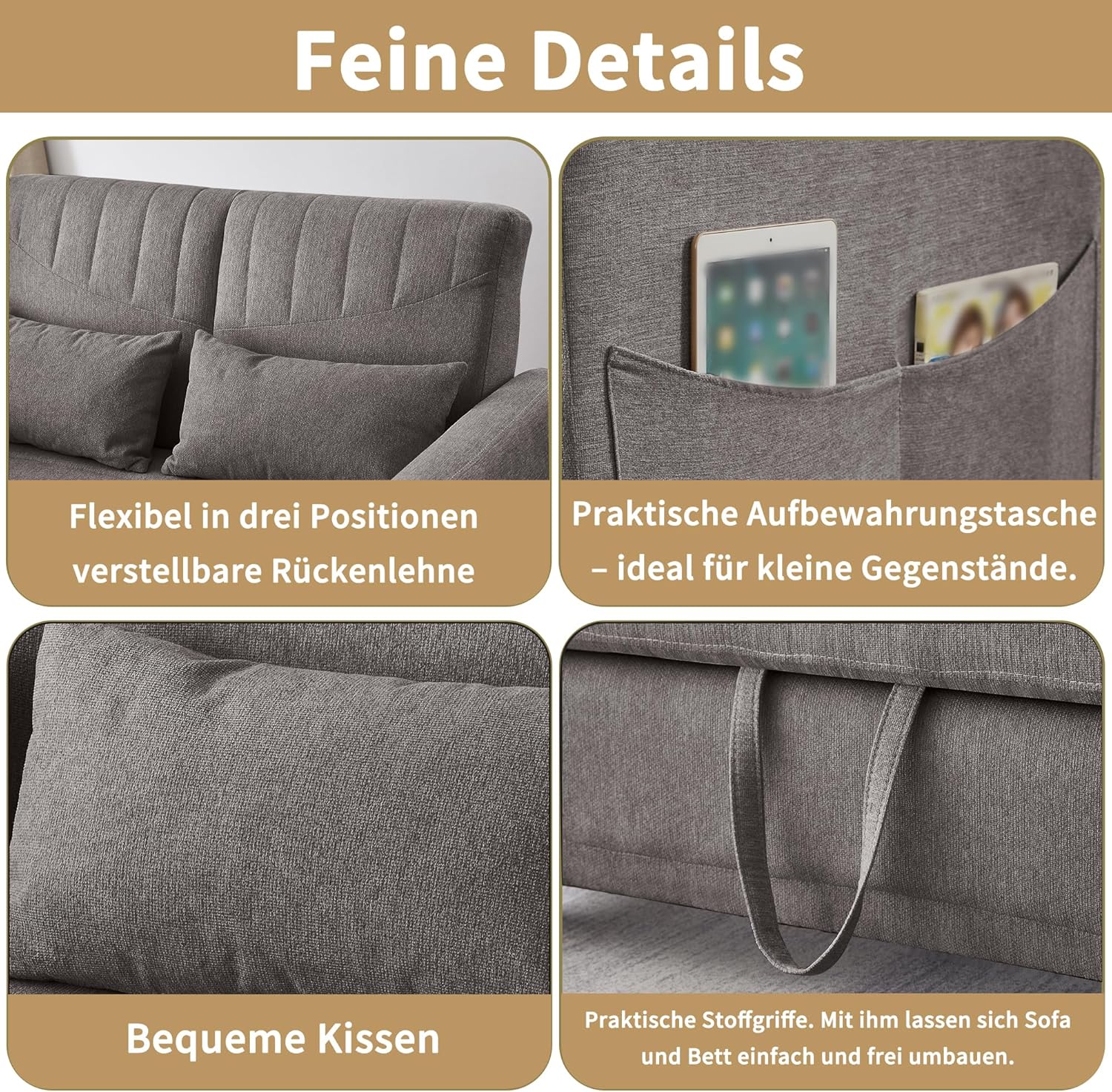 Divano letto con funzione letto Divano pieghevole a due posti, design estensibile, elegante e moderno, schienale regolabile a tre livelli, tessuto traspirante in cotone e lino (Grigio)