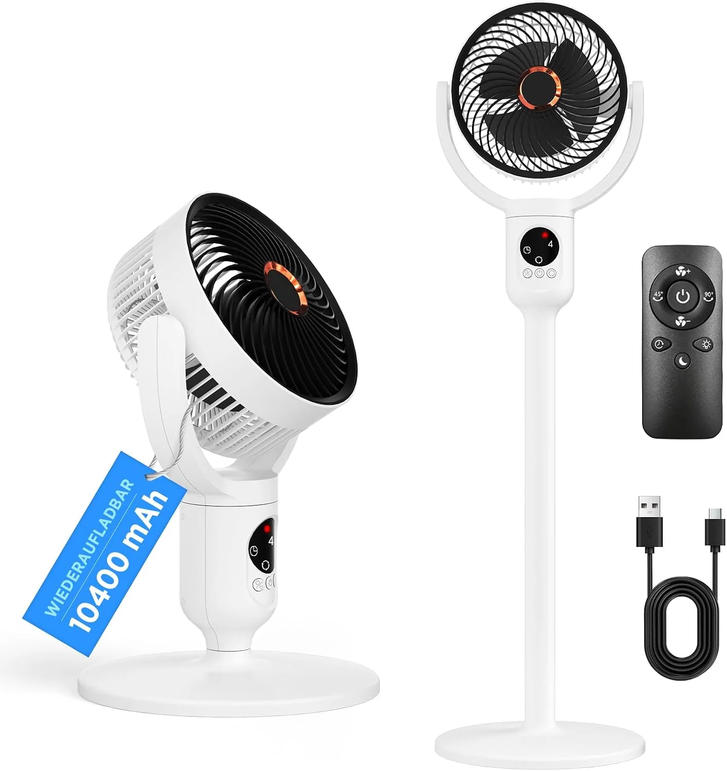 Lepwings Ventilator, Grau, Stand Leise mit Fernbedienung, 2-in-1 Akku 10400 mAh, USB-C wiederaufladbar, 90° Oszillation & 120° Neigung