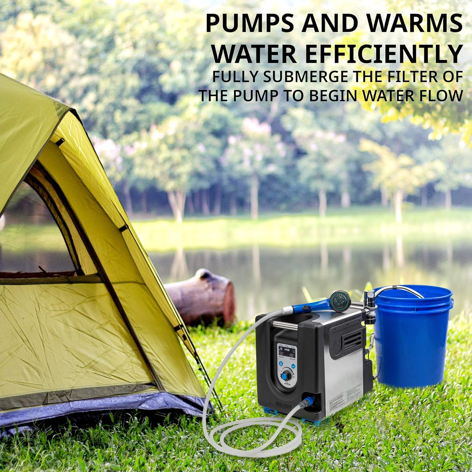 Scaldabagno portatile a propano e pompa per doccia con batteria integrata | Sistema compatto per la pulizia e la doccia all'aperto con LCD, spegnimento di sicurezza e custodia per il trasporto, acqua calda istantanea per campeggio ed escursionismo