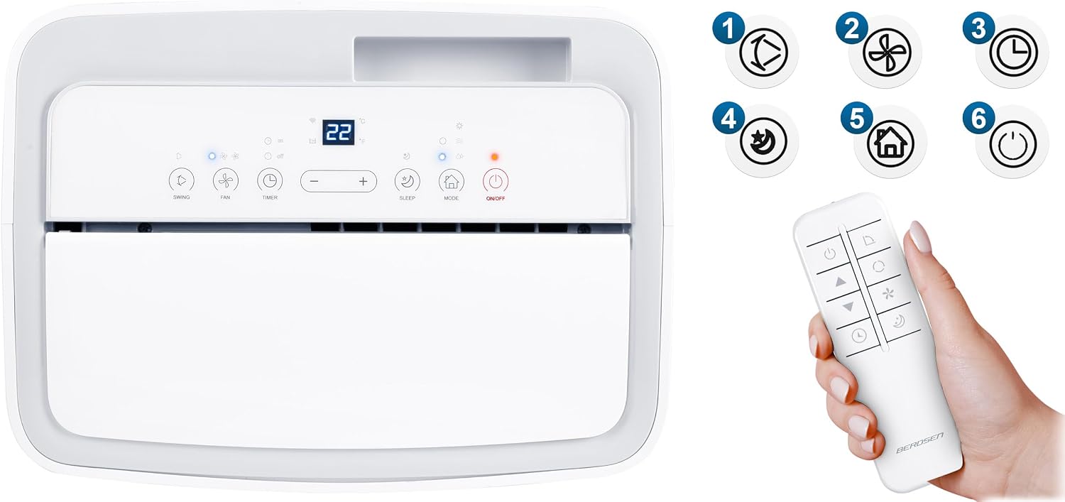 Berdsen Mobiles Klimagerät 5-in-1 14000 BTU - Kühlung, Heizung, Entfeuchtung, Ventilation, Schlafmodus - Tuya Smart App - Energieeffizient