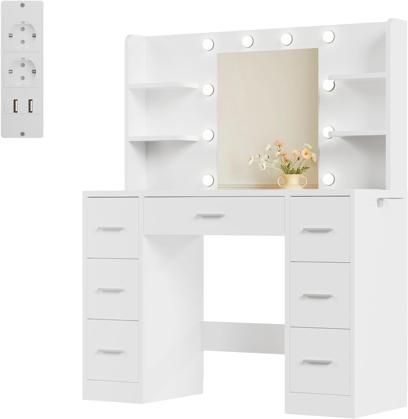JUMMICO 108 cm Makeup Vanity Table with 10 LED Lights, 3 Colours, Adjustable Brightness, Makeup Desk with Sockets, 7 Drawers and 6 Open Shelves, Makeup Table (White)