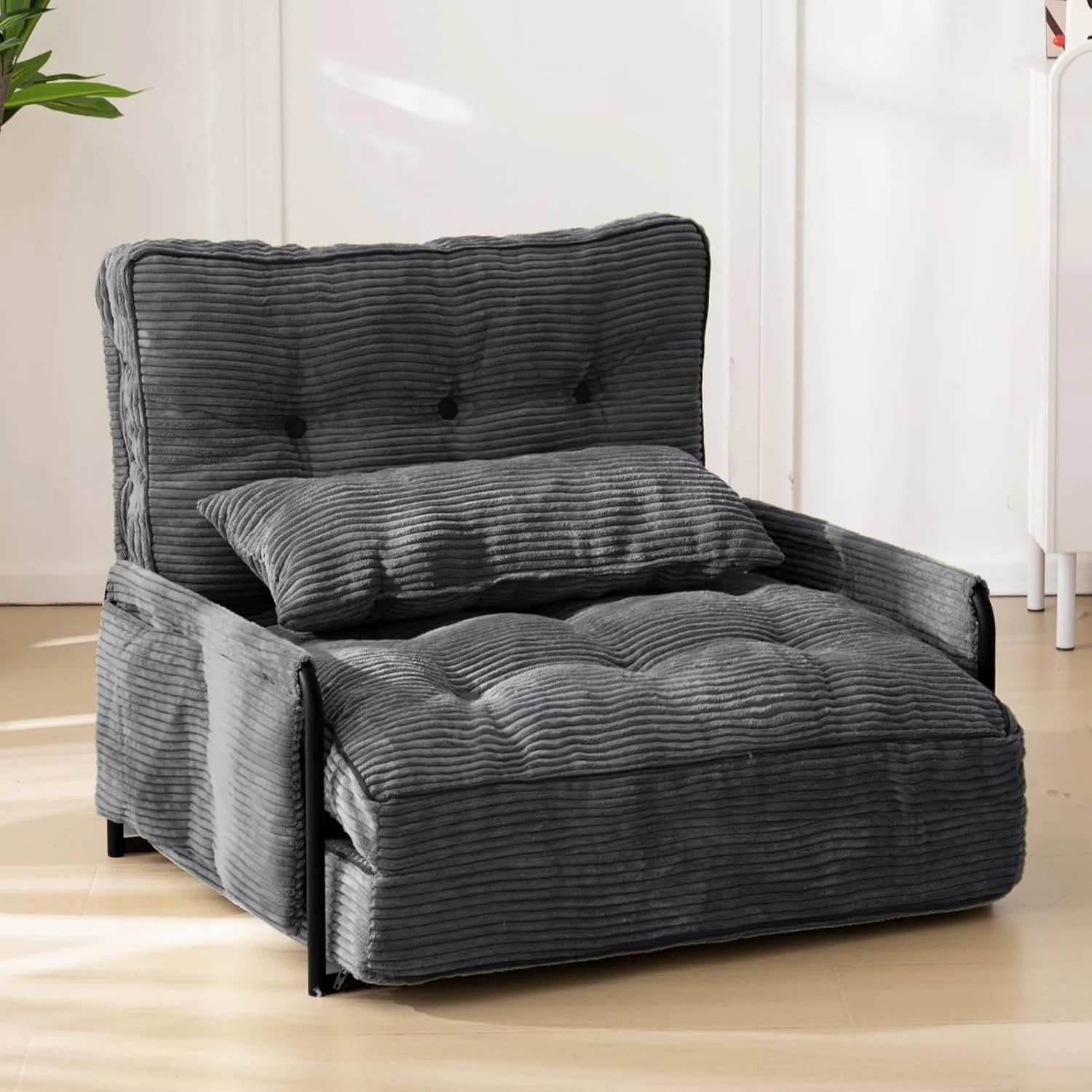 Adjustable Floor Sofa Couch Black with Pillows and Armrest Foldable Lazy Sleeper Bed