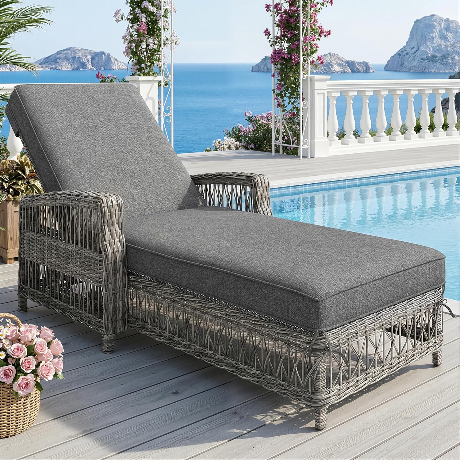 Lcoho Outdoor-Liege aus Rattan(1 Set), wetterfeste Sonnenliege mit Verstellbarer Rückenlehne, Gartenliege mit abnehmbarem Kissen, für Terrasse, Balkon, Poolbereich, grau