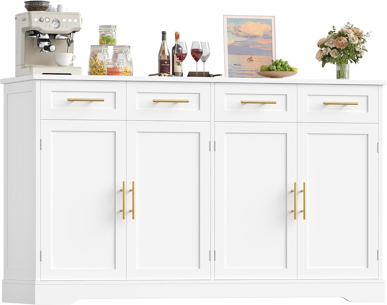 HOCSOK Credenza Cucina, 150 cm Madia Cucina con 4 Cassetti 4 Ante, Credenza Soggiorno con Maniglie in Metallo per Soggiorno, sala da pranzo, Ingresso, Mobile TV, 150×92×40 cm, Bianco
