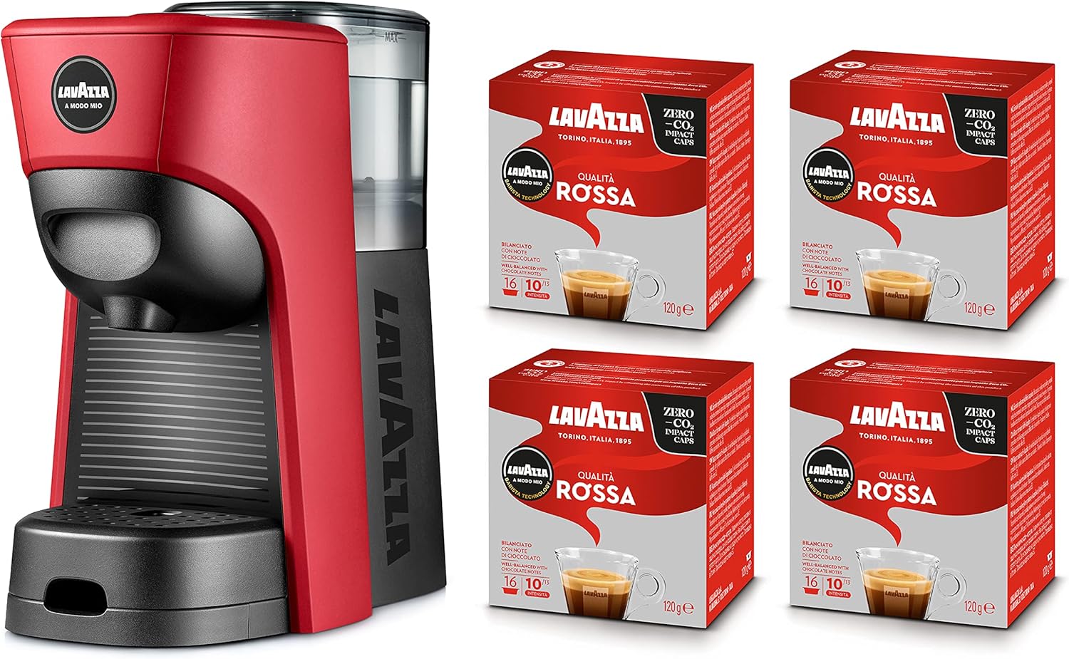 Lavazza, A Modo Mio Tiny Eco White Coffee Machine with 64 Red Quality Capsules Included, Recycled Plastic Espresso Machine, 1450 W, 220-240 V, 50/60 Hz, 0.6 Litres