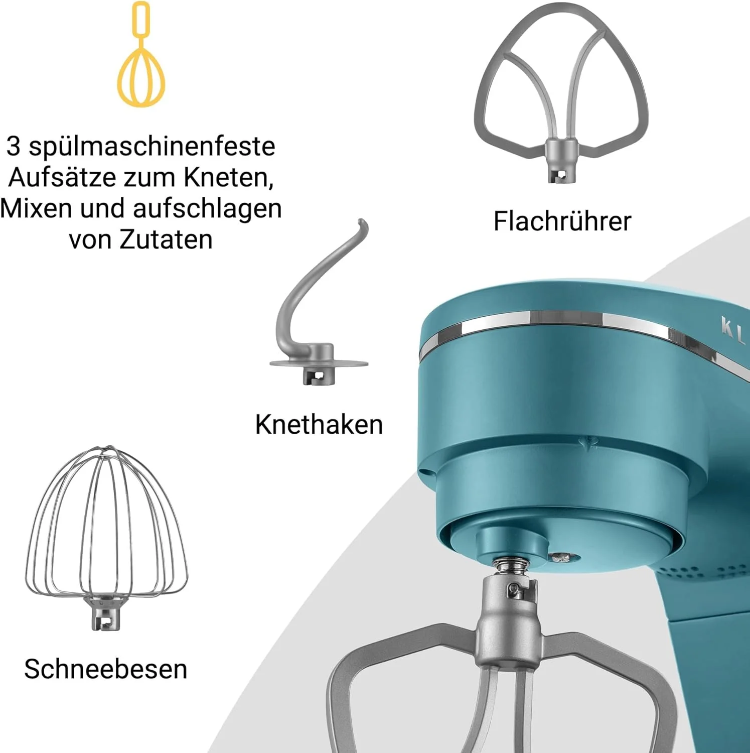 KLAMER Keukenmachine 1800W, Kneedmachine met 6 Liter RVS Kom, 10 Snelheidsstanden met Timer, Klopper, Deeghaak, Garde en Spatdeksel