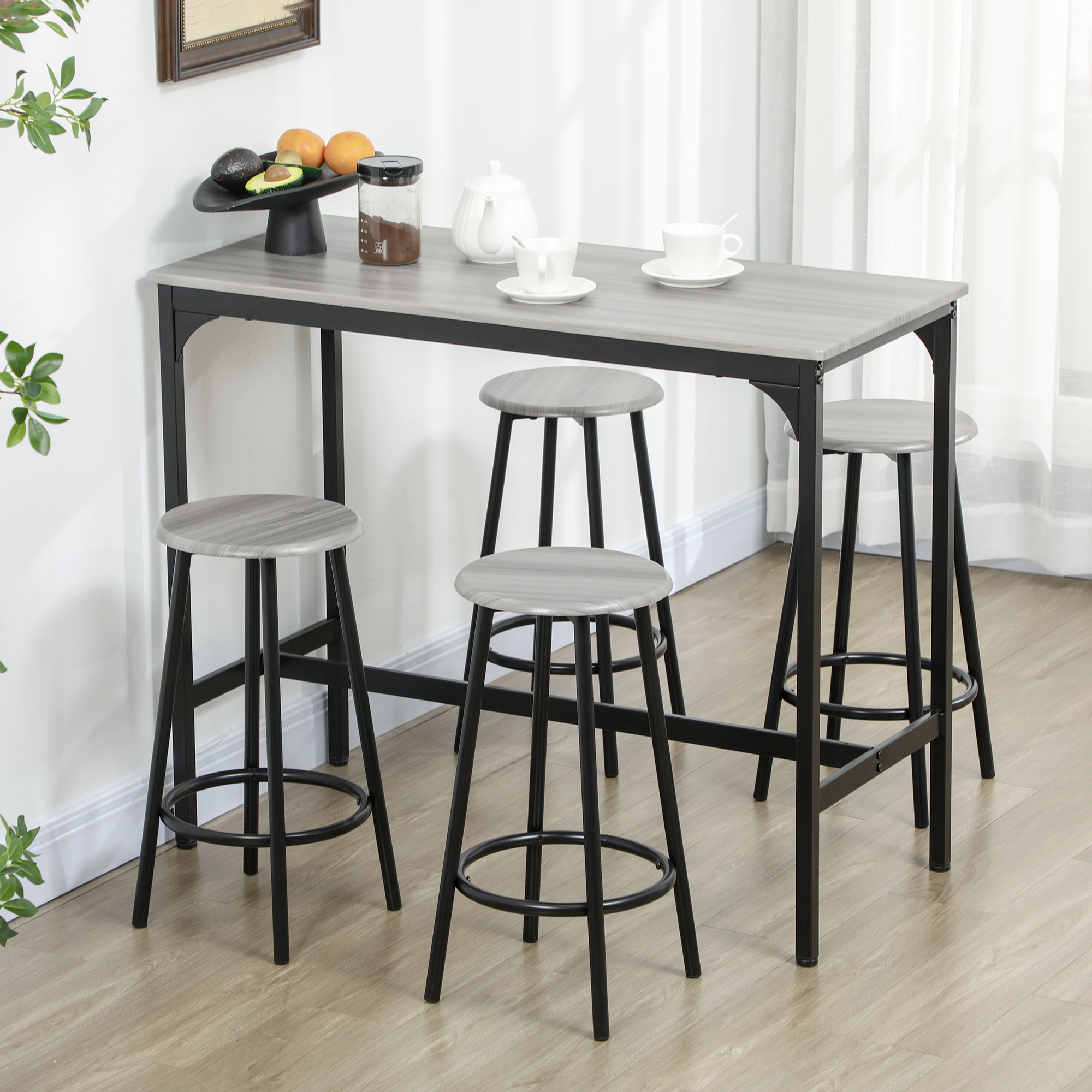 HOMCOM Bargarnitur, 5-teilig, Tisch & 4 Hocker, Industrie-Design, kompakt, rustikal