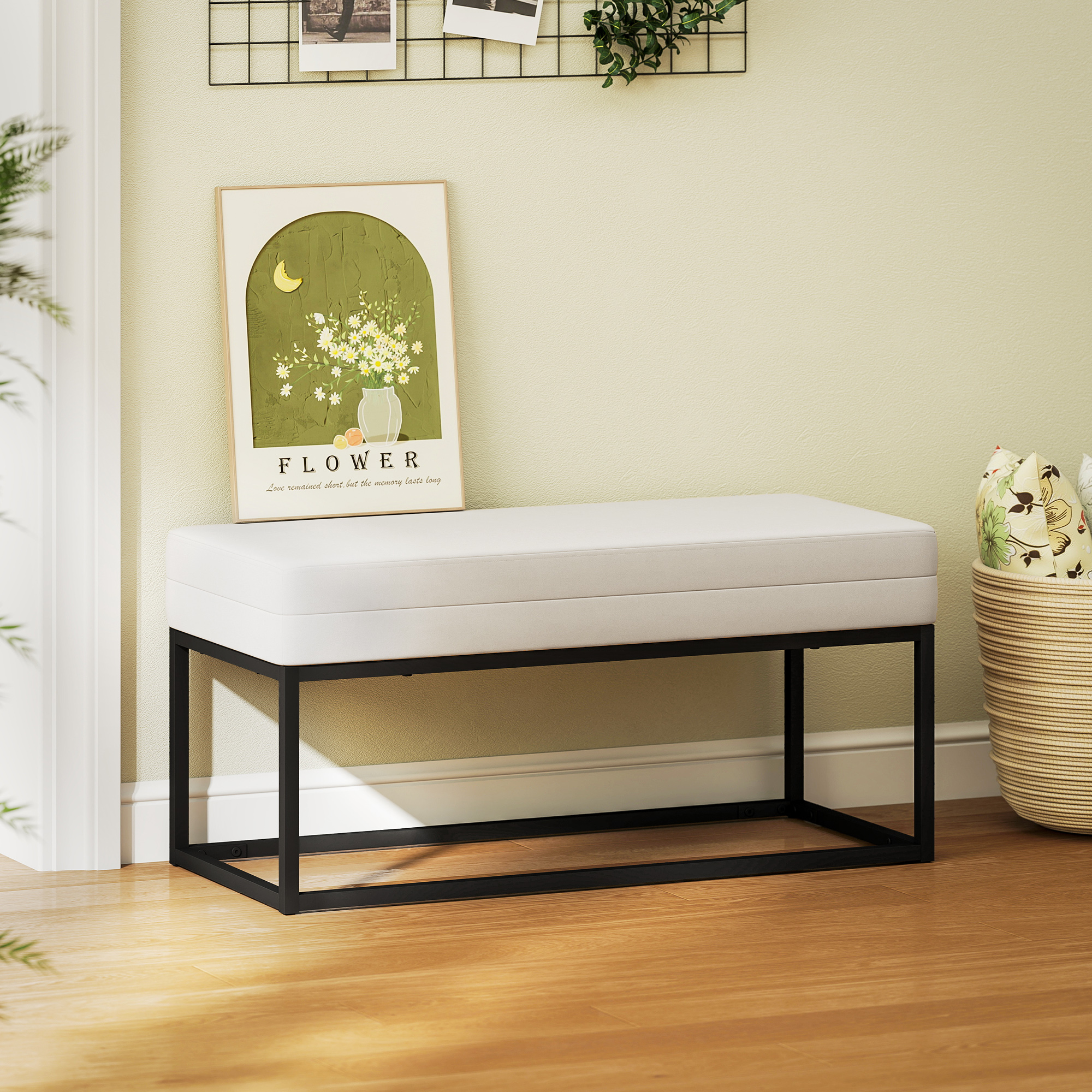 HOMCOM Eingangsbank Modern aus Stahl, Schwamm und Samteffekt mit Verstellbaren Füßen, 94x42x44 cm, Creme