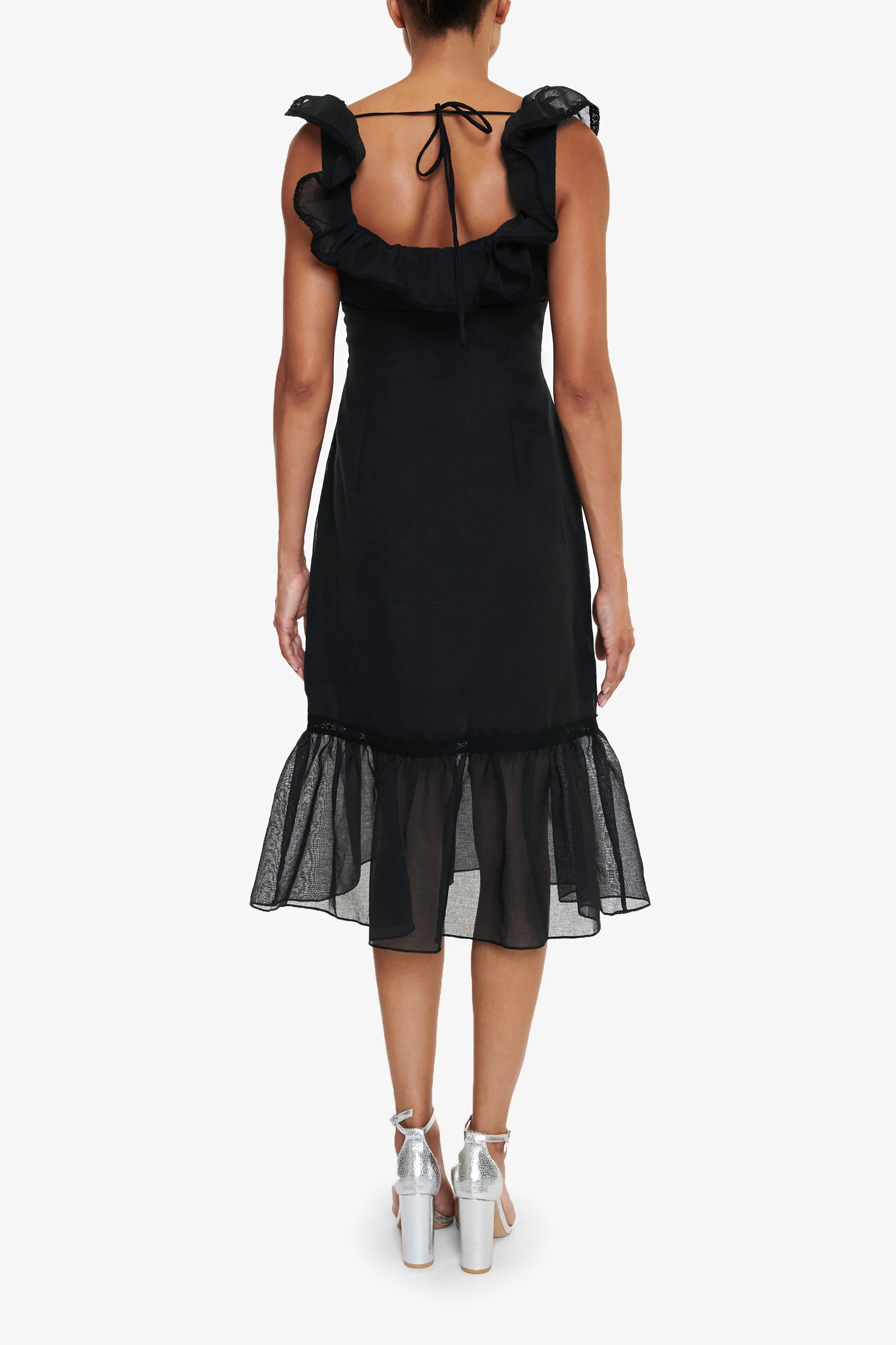 Alberta Black Linen Tiered Hem Midi-Dress