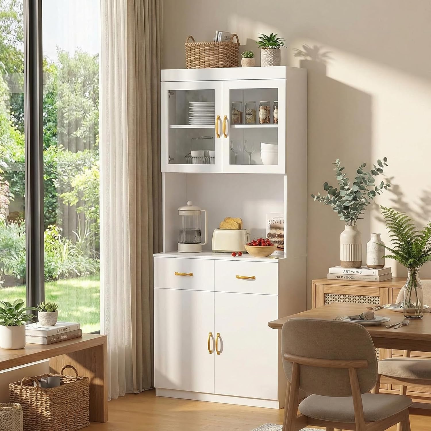 VOWNER Credenza Cucina Alta, Cucina Dispensa, Mobile Buffet, Mobile Dispensa con 4 Armadietti, Armadio Dispensa, 2 Ripiani Regolabili, MDF, 80L x 40W x 181H cm (Bianco)