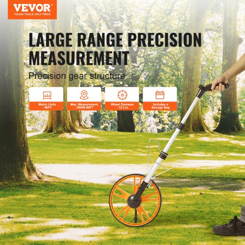 VEVOR Messrad 0-9999,9 Fuß/m Präzisions Messrad ±0,5% Messroller Rolltacho mit Teleskopstange 104–71cm Vermessungsrad φ317,5mm Streckenmessgerät aus ABS + Aluminiumoxid inkl. Tragetasche