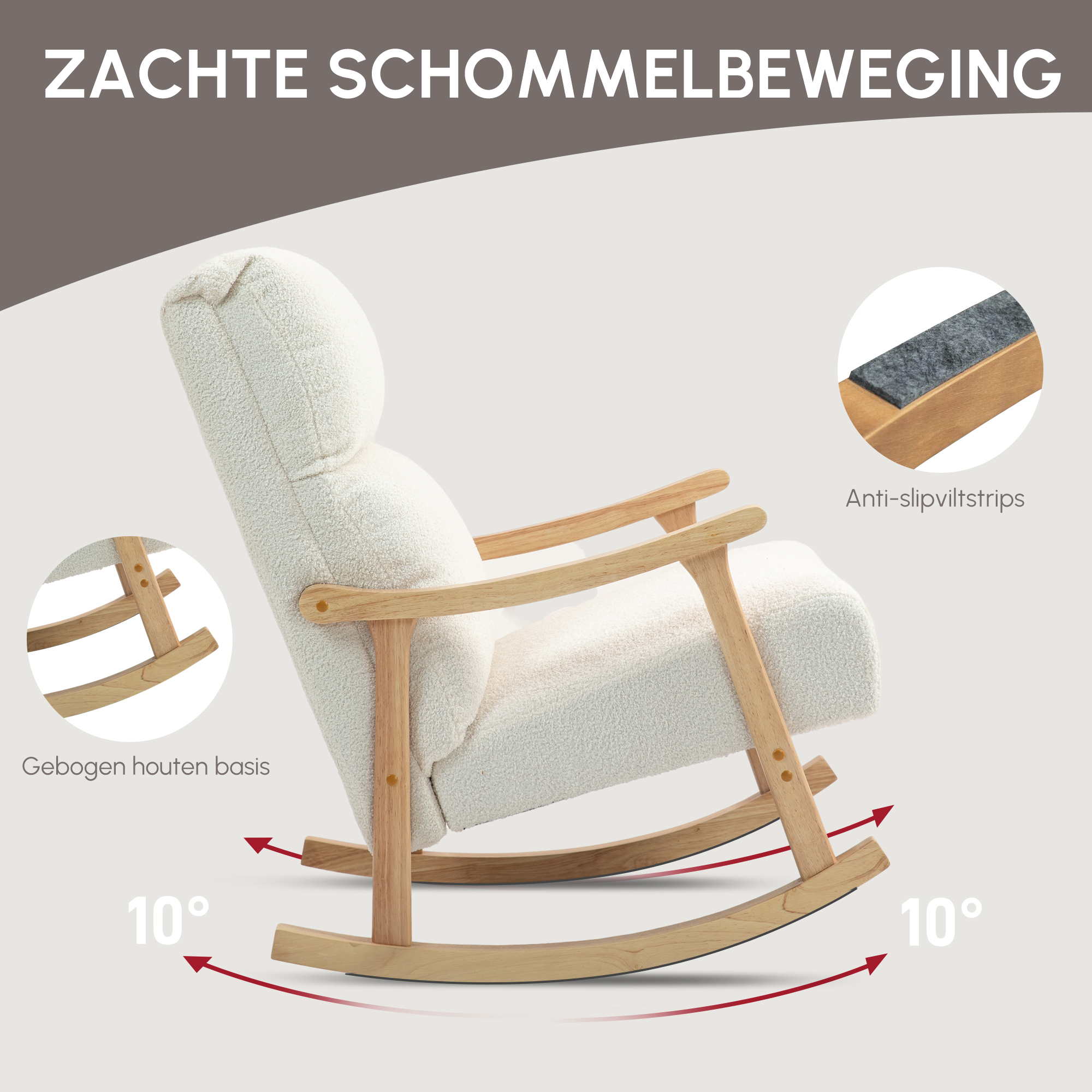 Schommelstoel met Fluweelachtige Bekleding, Ergonomische Rugleuning, Belastbaar tot 120 kg, 65B x 90T x 98H cm, Roomwit