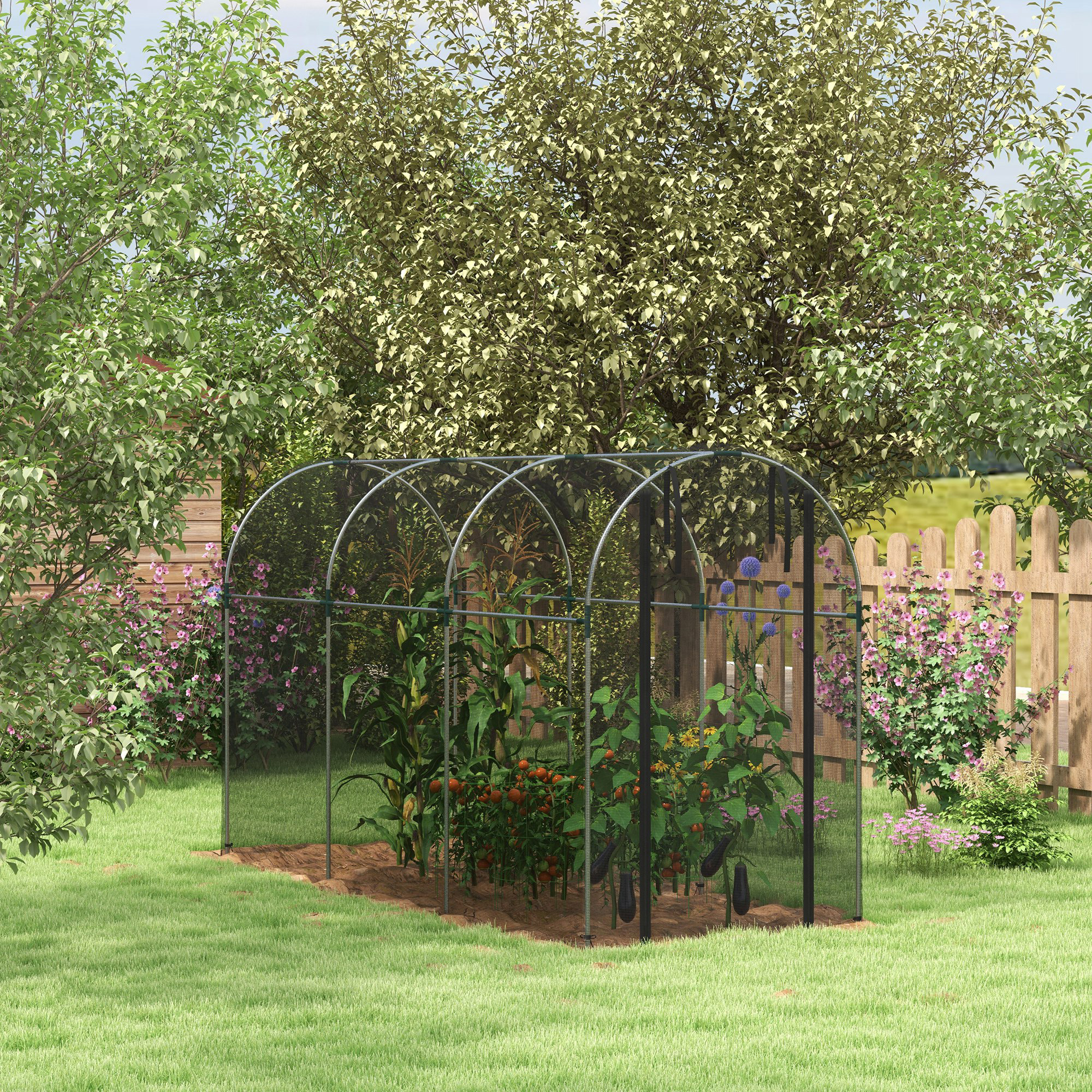 Outsunny Vogelschutznetz, Pflanzenschutz, robust, Tür mit Reißverschluss, 120x360x188 cm, Schwarz/Silber