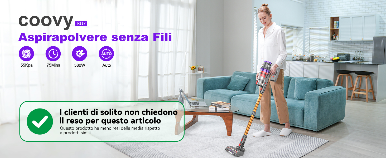 Il testo dice ?Coovy.de?. Scena interna che mostra il soggiorno con divano blu e angolo cottura sullo sfondo. La pubblicità del prodotto presenta l'icona del segno di spunta di verifica.