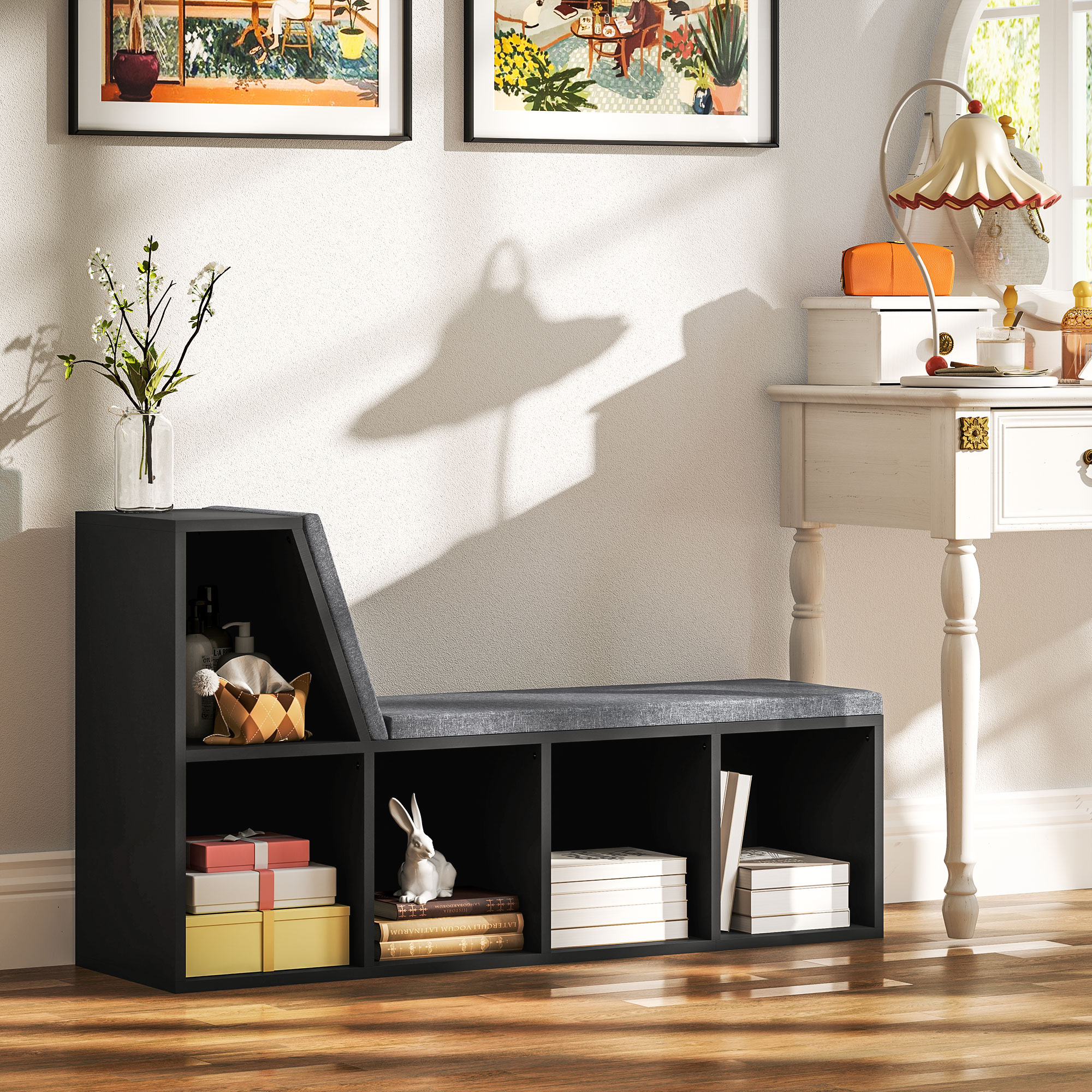 HOMCOM Bücherregal Bank 2 in 1 mit 5 Aufbewahrungsfächern und 2 Kissen 108 x 30 x 60 cm Schwarz Grau