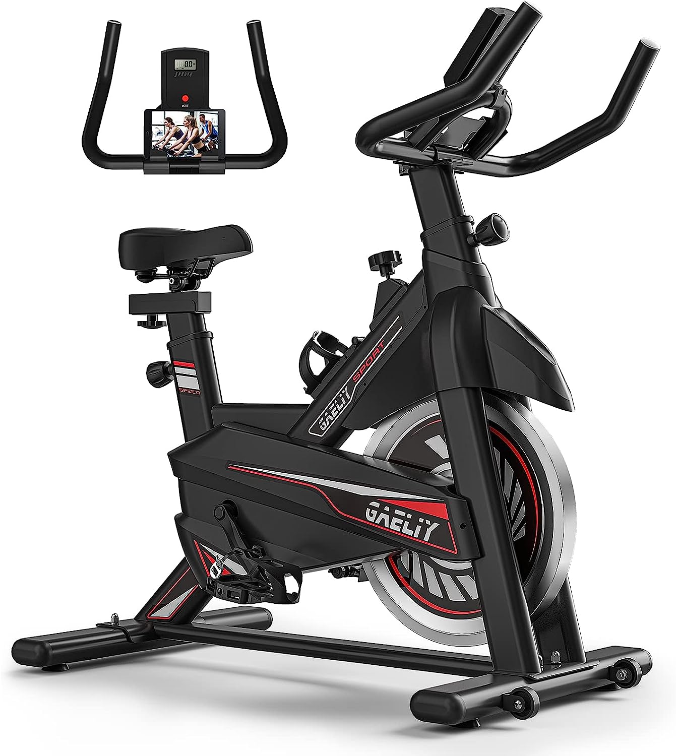 DMASUN Indoor Cycling Bike, Alloy Steel, Silent Resistance, Adjustable Seat, Digital Display, Black-Red