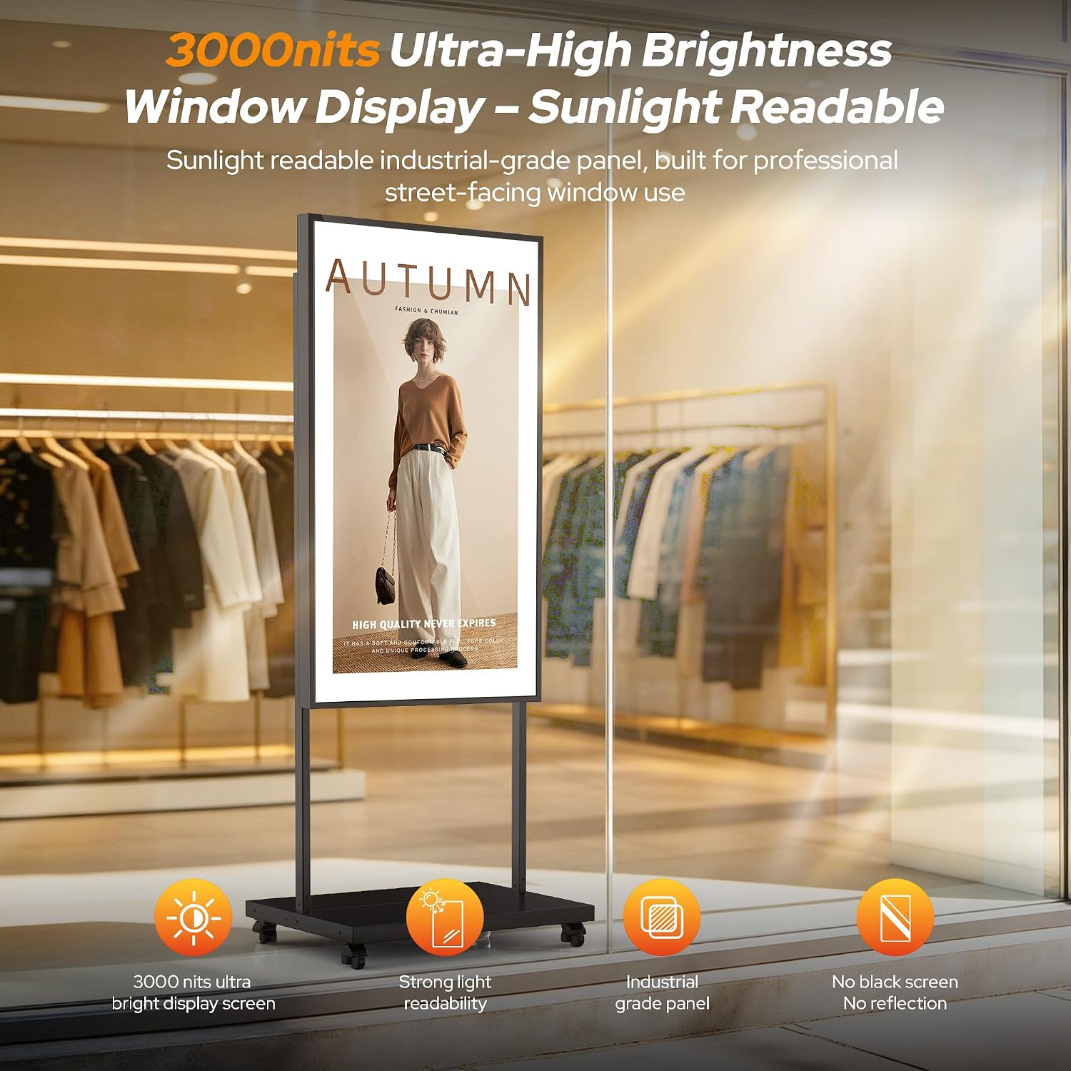 Display Digital Signage, Schermo LCD Ultra Luminoso 3000 Nits, Monitor Pubblicitario Android 14 con Controllo APP & CMS, USB/HDMI/WiFi per Ristoranti, Hotel e Negozi (65 pollici)