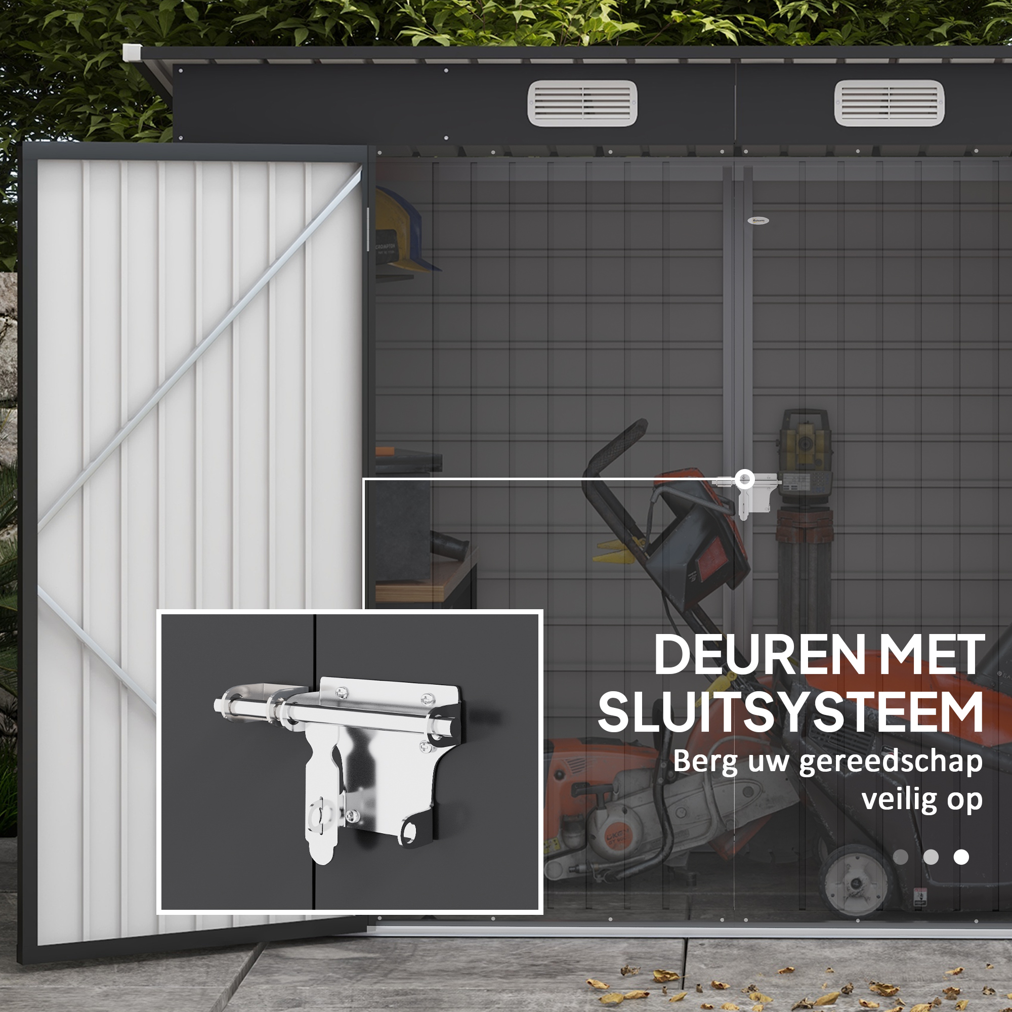 Outsunny Stalen tuinschuurtje, Ger?teschuppen, Dubbele Deuren, 249B x 121D x 166/183H cm, Grijs
