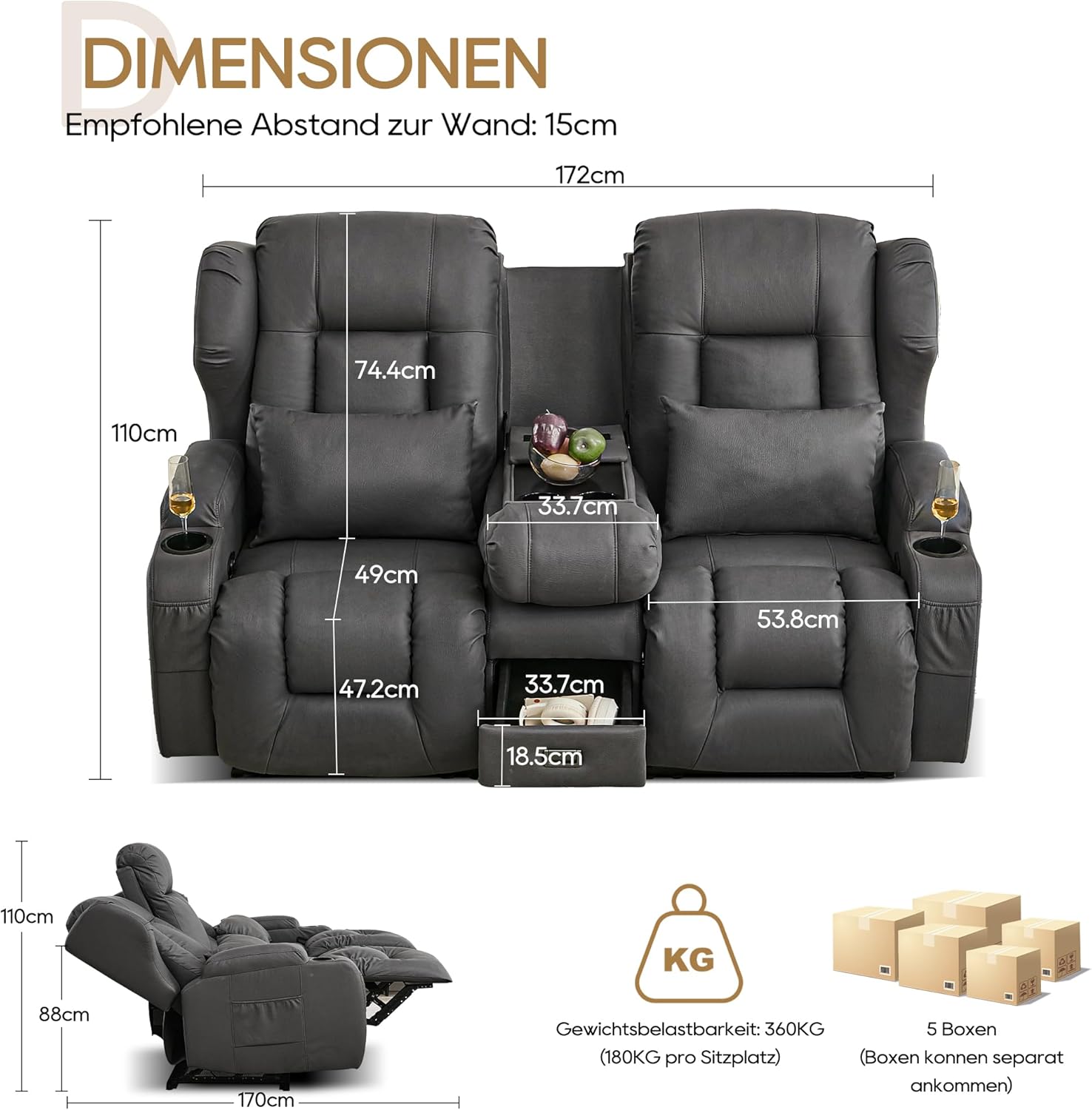 2er Relaxsessel mit Liegefunktion Fußteil, Zweisitzer Fernsehsessel 2 Sitzer TV Sessel mit Konsole, Manuell Verstellbar Doppel Kinosessel bis 360 kg (Klappbare Mittelkonsole, Leathaire Grau)