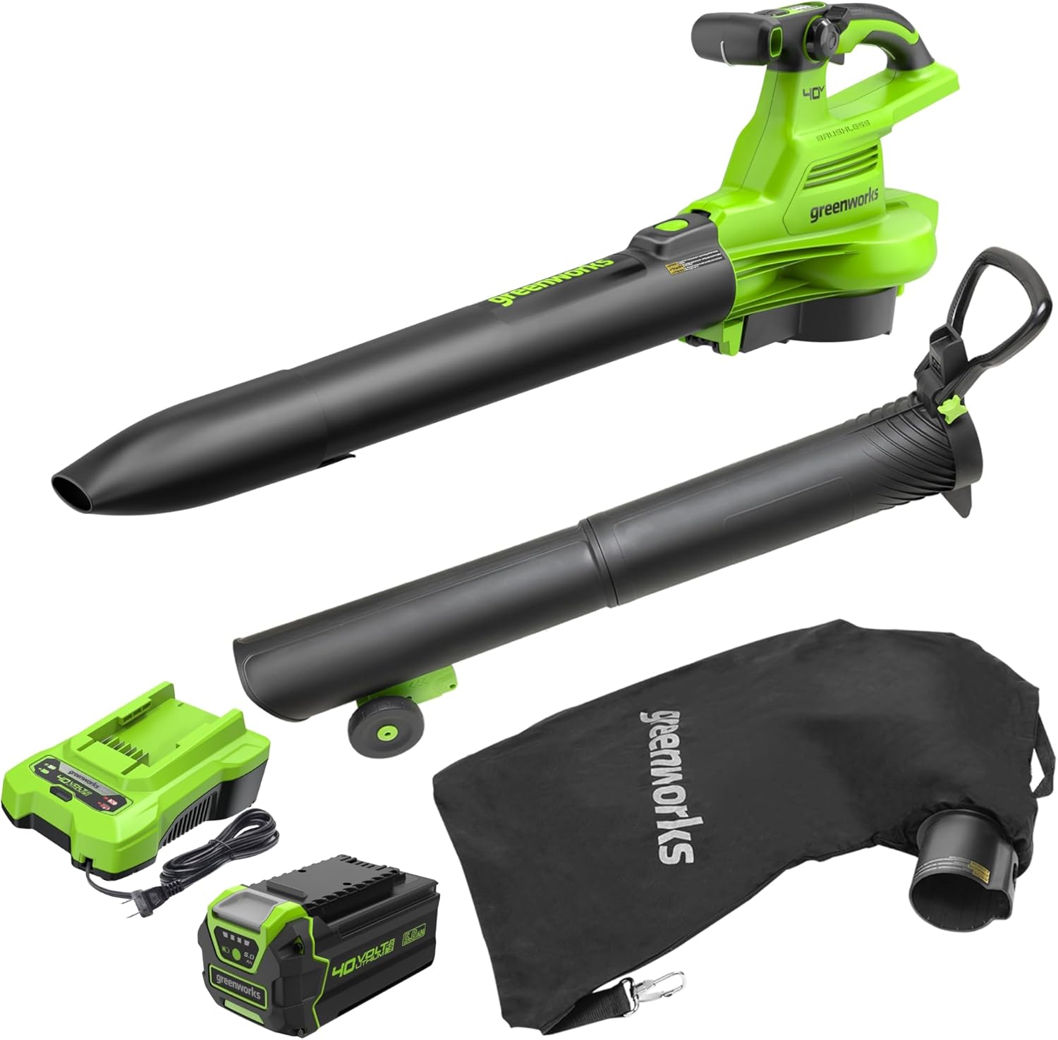 Greenworks 40V (230 MPH / 505 CFM) Cordless Brushless Leaf Blower/Vacuum with Bag  High Power  Lightweight & Quiet for Yard Debris Cleanup  Includes 5.0Ah Battery & Charger
