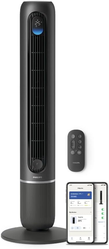 Philips Smarter Turmventilator 7000 Series – 8,4 m/s stark, ultraleise 22 dB, energieeffizient, App & Fernbedienung, Wlan, 12 Stufen, Schlafmodus, Temp‑Anzeige, 12‑h Timer, 80° Oszillation (CX7550/01)