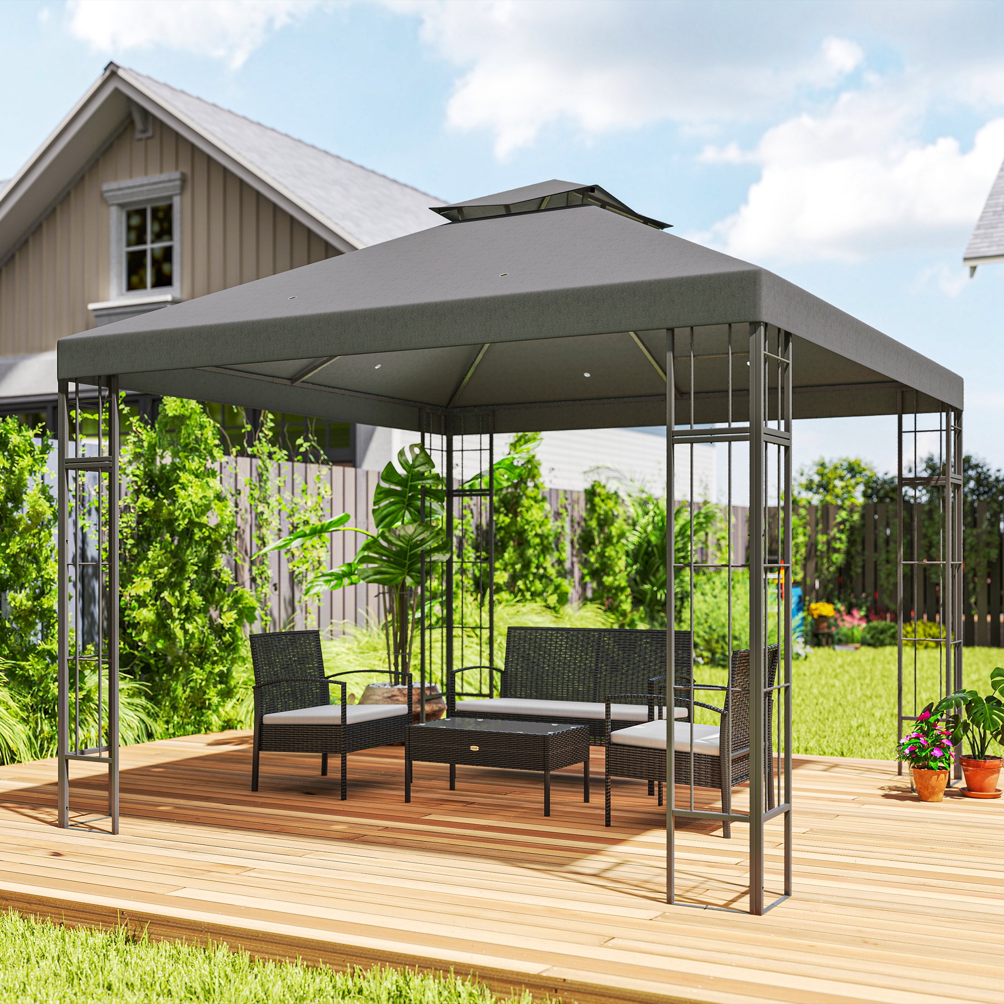 Outsunny 3 x 3 m Tuinpaviljoen, 2-Laags Dakontwerp, UV30+ Bescherming, UV-bestendig, Zonbescherming, Metalen Frame, Donkergrijs