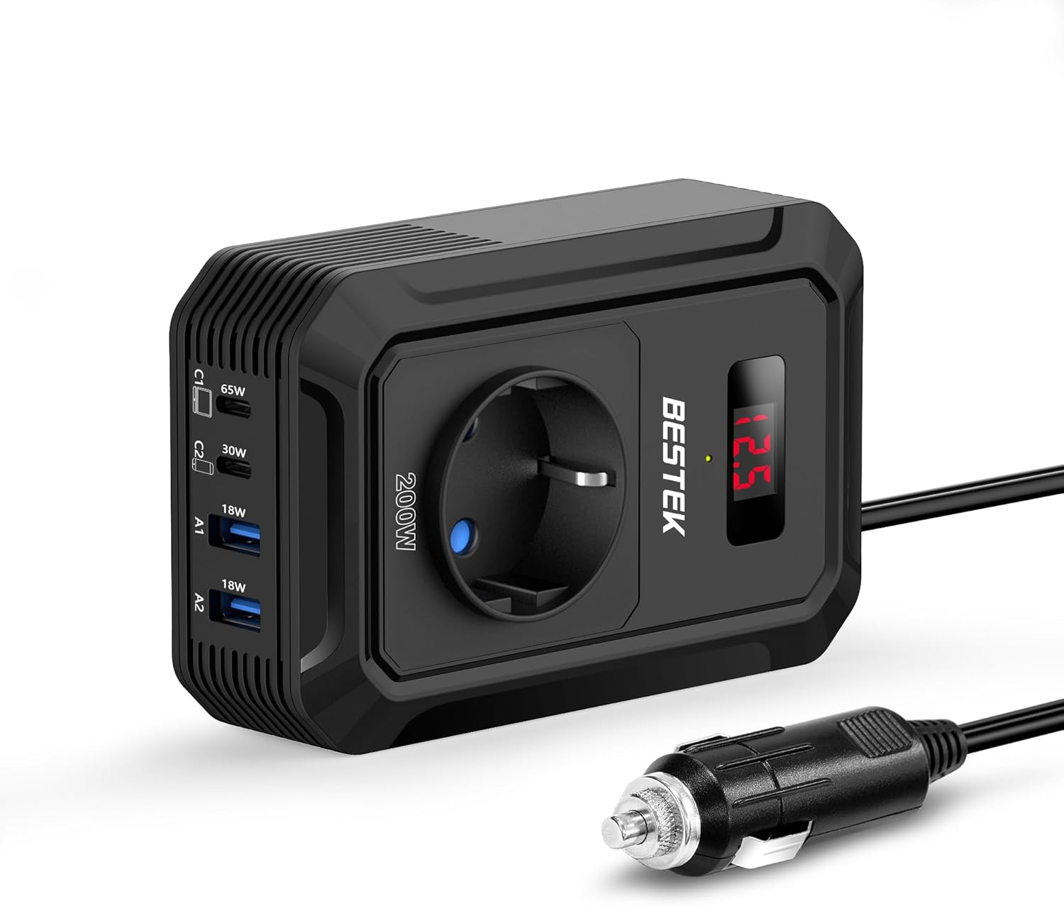 BESTEK 200W Inverter 12v 220v 230V 240V Onda Pura,Inverter Auto con Prese AC 2 USB-C (65 W e 30 W) 2 USB-QC (18 W),Convertitore Potenza per Camper/Barca a Onda Sinusoidale Modificata（Nera）