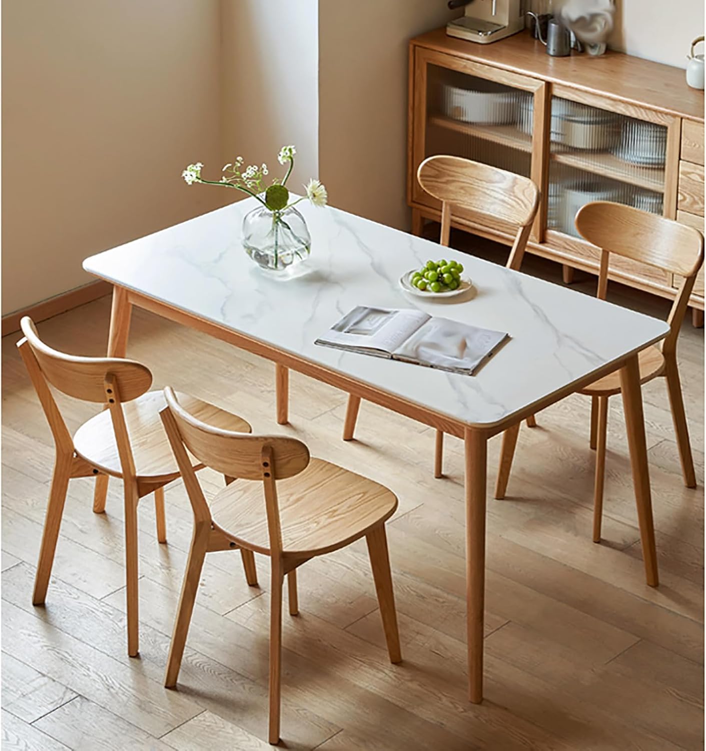 Set di 4 Sedie da Pranzo in Legno Massello, Sedia da Cucina in Rovere con Schienale Curvo e Poggiapiedi Antiscivolo per Sala da Pranzo Camera Letto Balcone Lettura(Set of 4, Wood Color)