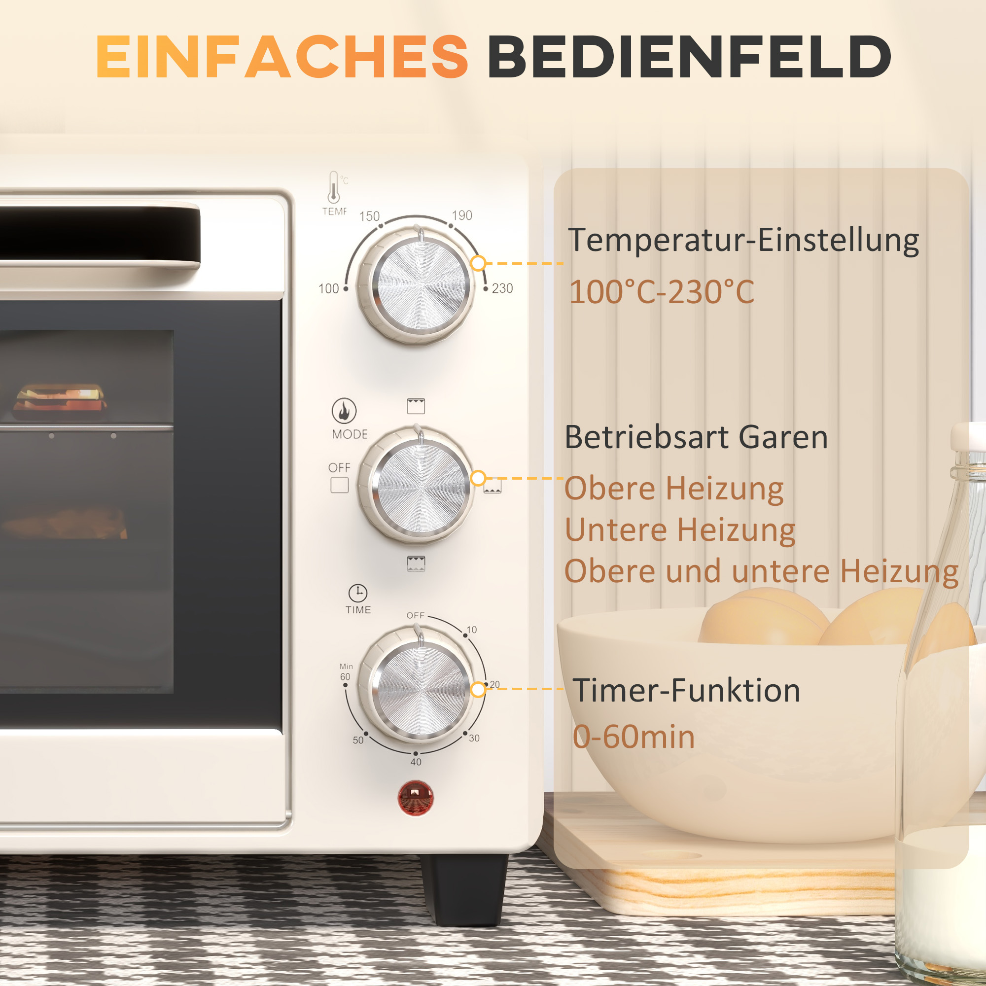 Minioven, 3 Kookmodi, tot 230�� C, 1400W, met Accessoires, 46x38,5x29cm, Cr��me