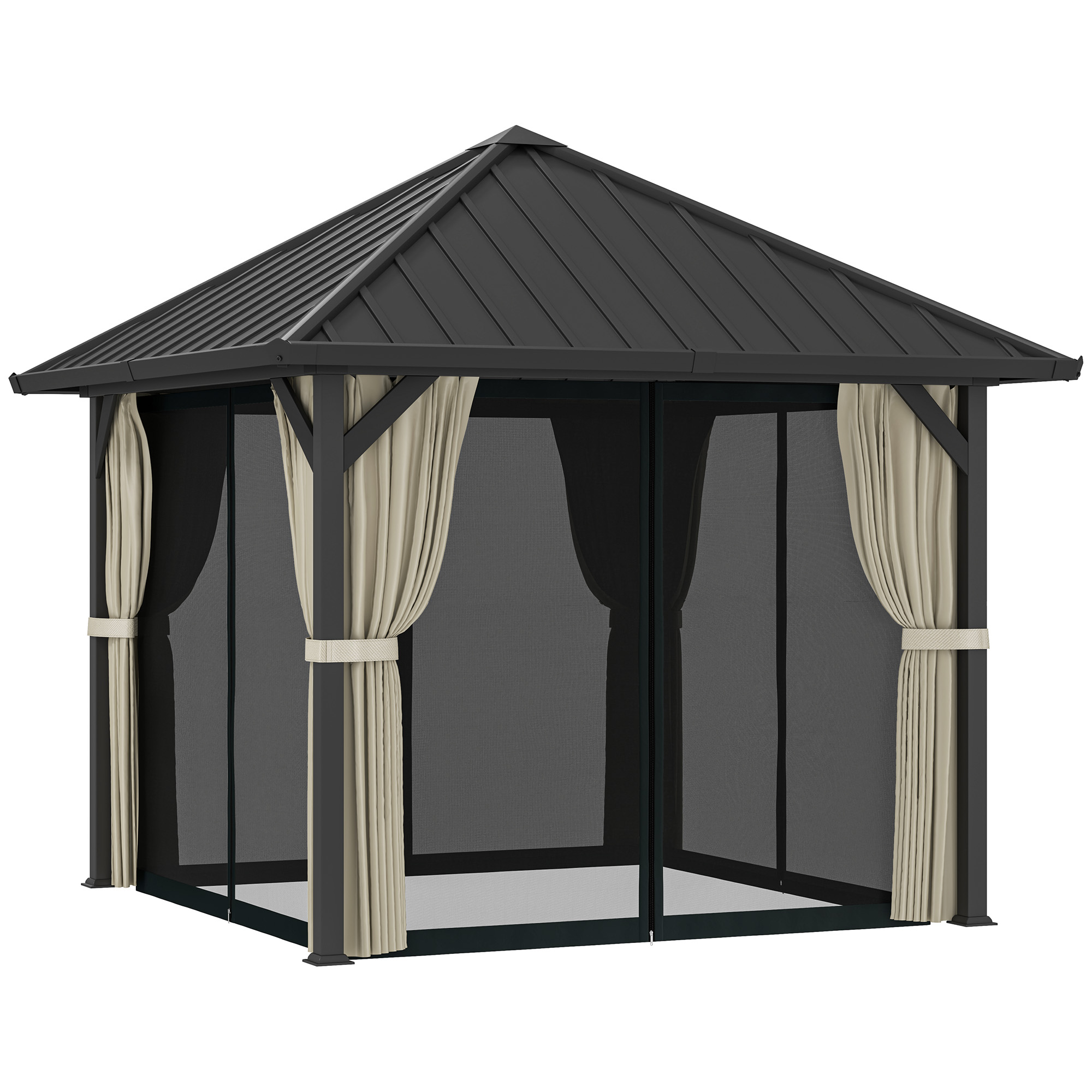 Outsunny 3 x 3m Harddak Paviljoen, Tuinpaviljoen met Metalen Dak, Waterbestendig Tuinzelt met Net en Zijwanden, Donkergrijs