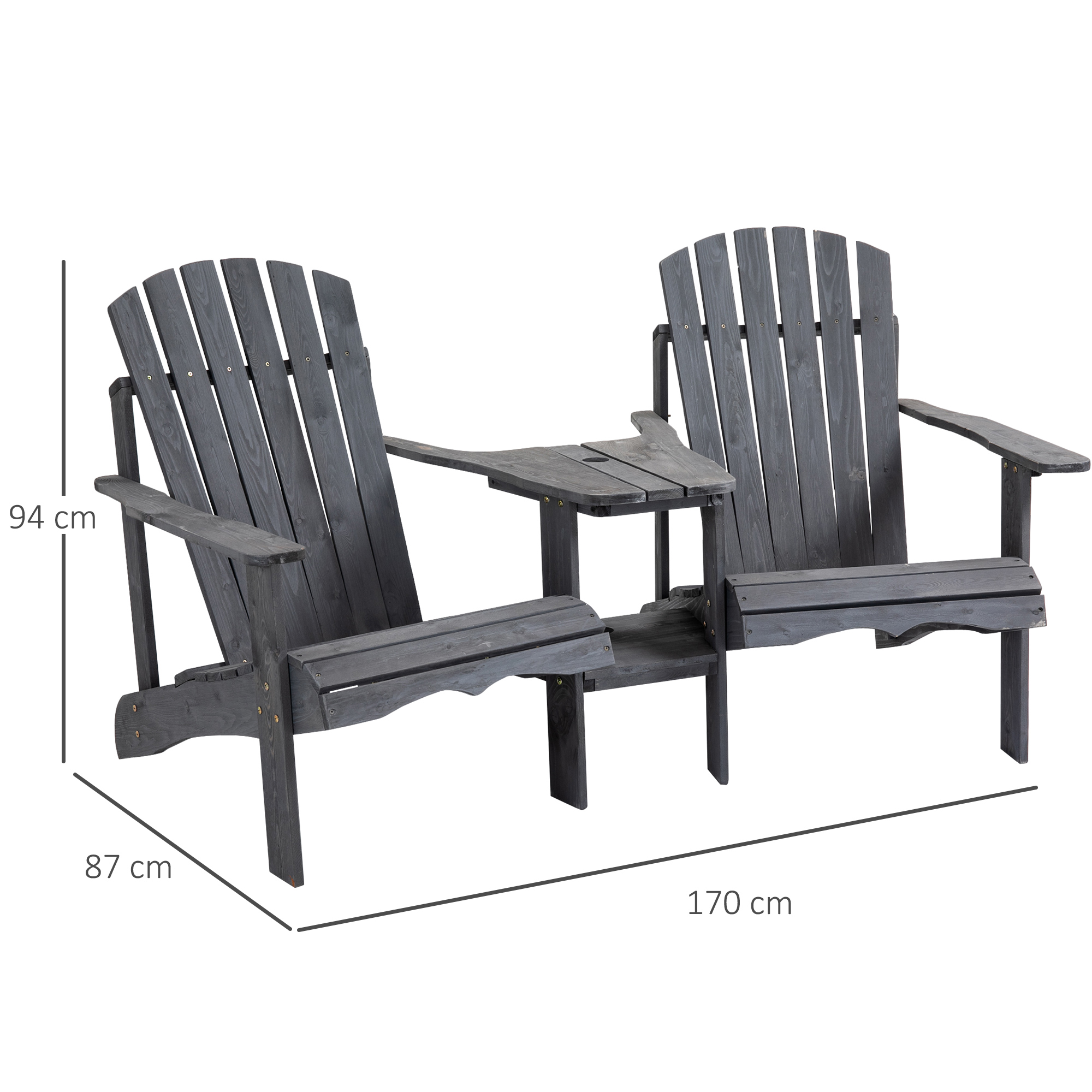 Adirondack tuinstoel met parasolgat tafel 2-zits massief hout grijs