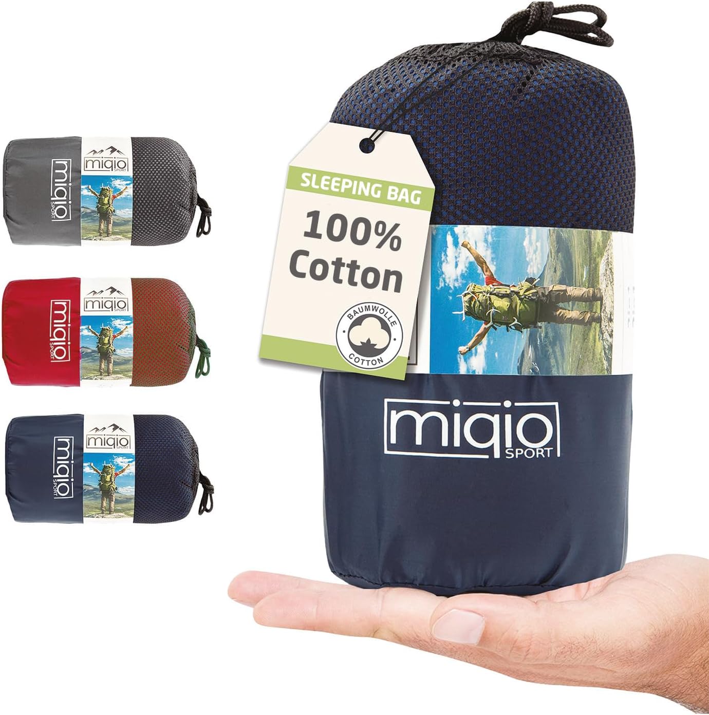 Miqio sacco a pelo in Cotone, lenzuolo da viaggio 2 in 1, XL, con cerniera intera (accoppiabile), sacco a pelo da viaggio ultra piccolo e ultra leggero - ideale per backpacking e cabine