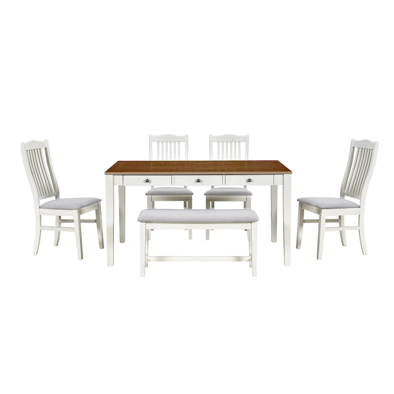 6-Piece Wooden Dining Table Set with 4 Chairs & Bench, Table with Drawer
