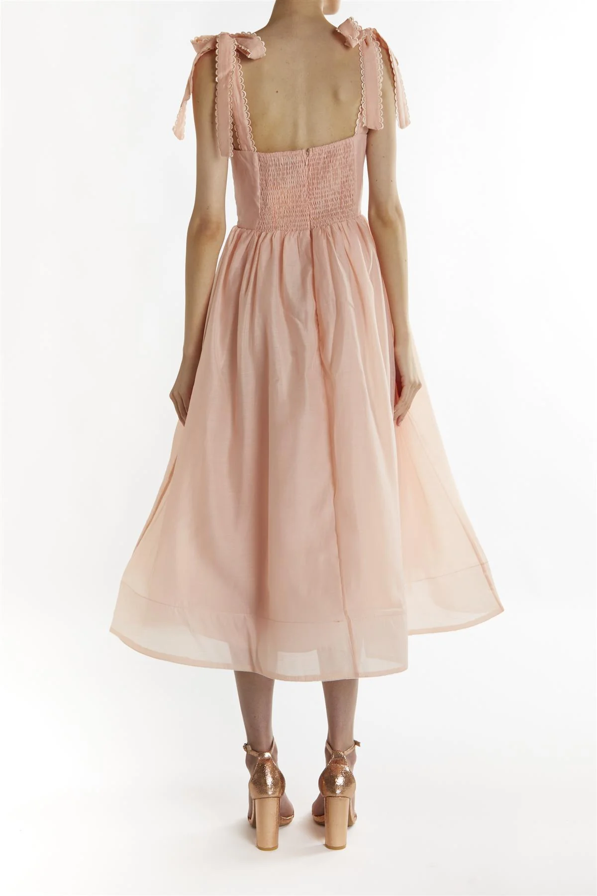 Dusty-Peach Tie-Strap Midi-Dress