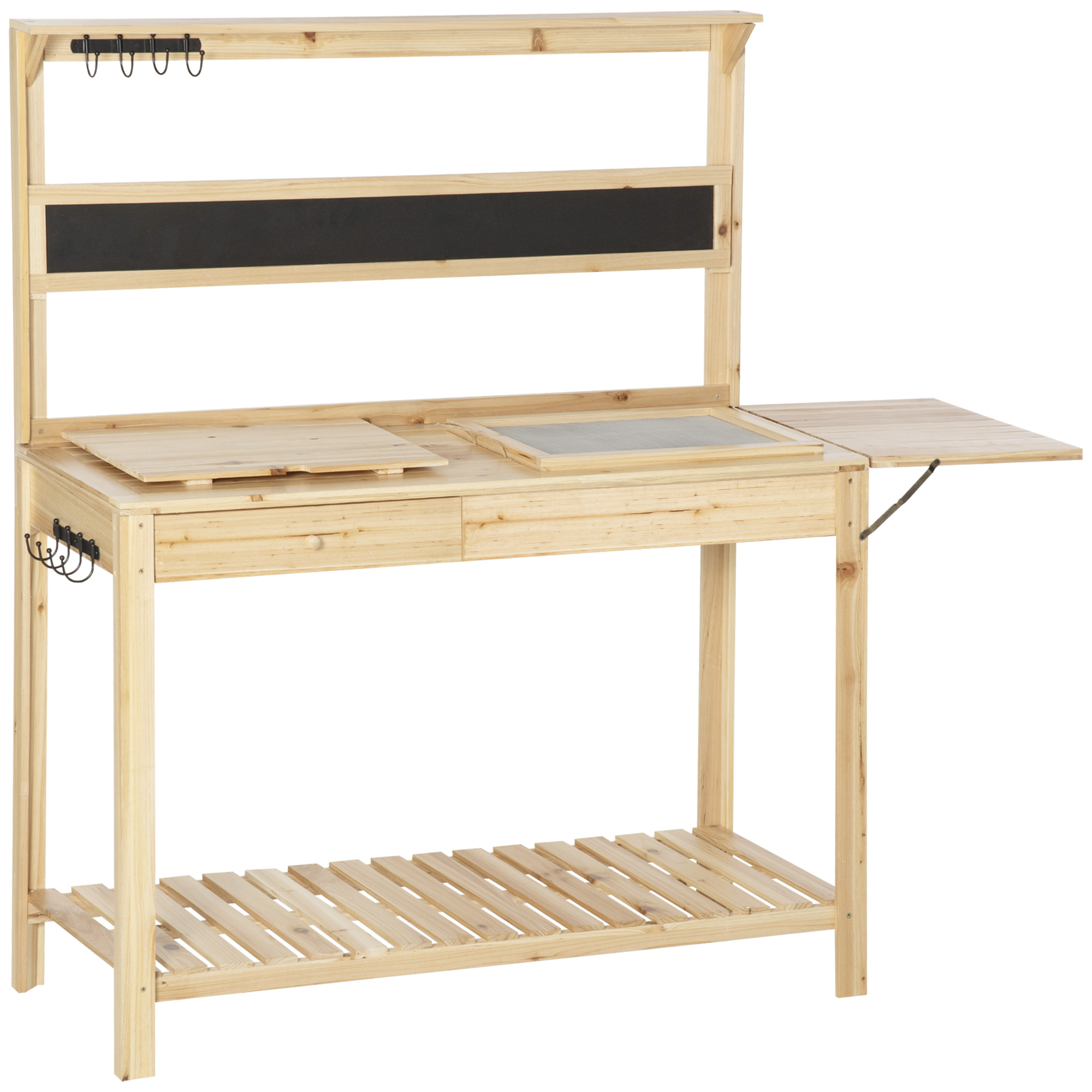 Outsunny Pflanztisch Gärtnertisch mit 8 Haken Schublade Ablage Blumentisch aus Holz für Garten Terrasse Natur 151 x 45,5 x 143 cm