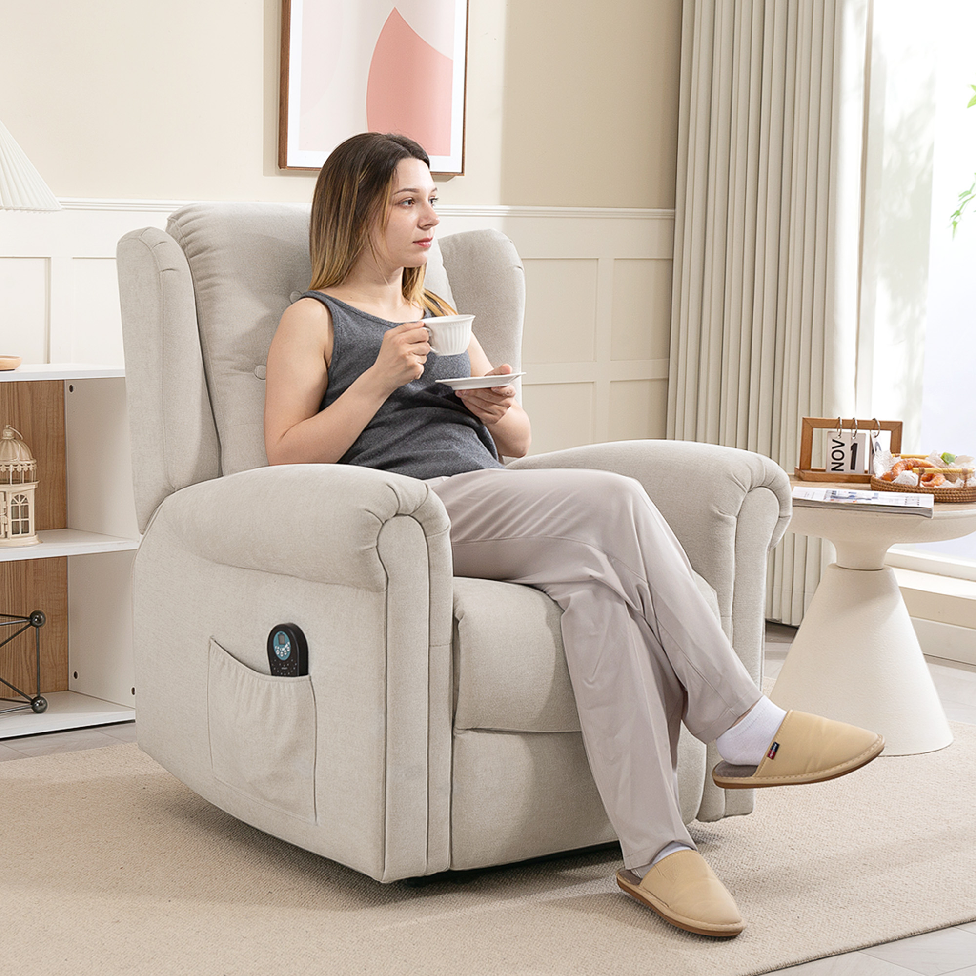HOMCOM Elektrischer Massage- und Heizrelaxsessel mit manuell verstellbarem Rücken und Fußstütze, Seitentasche, beige