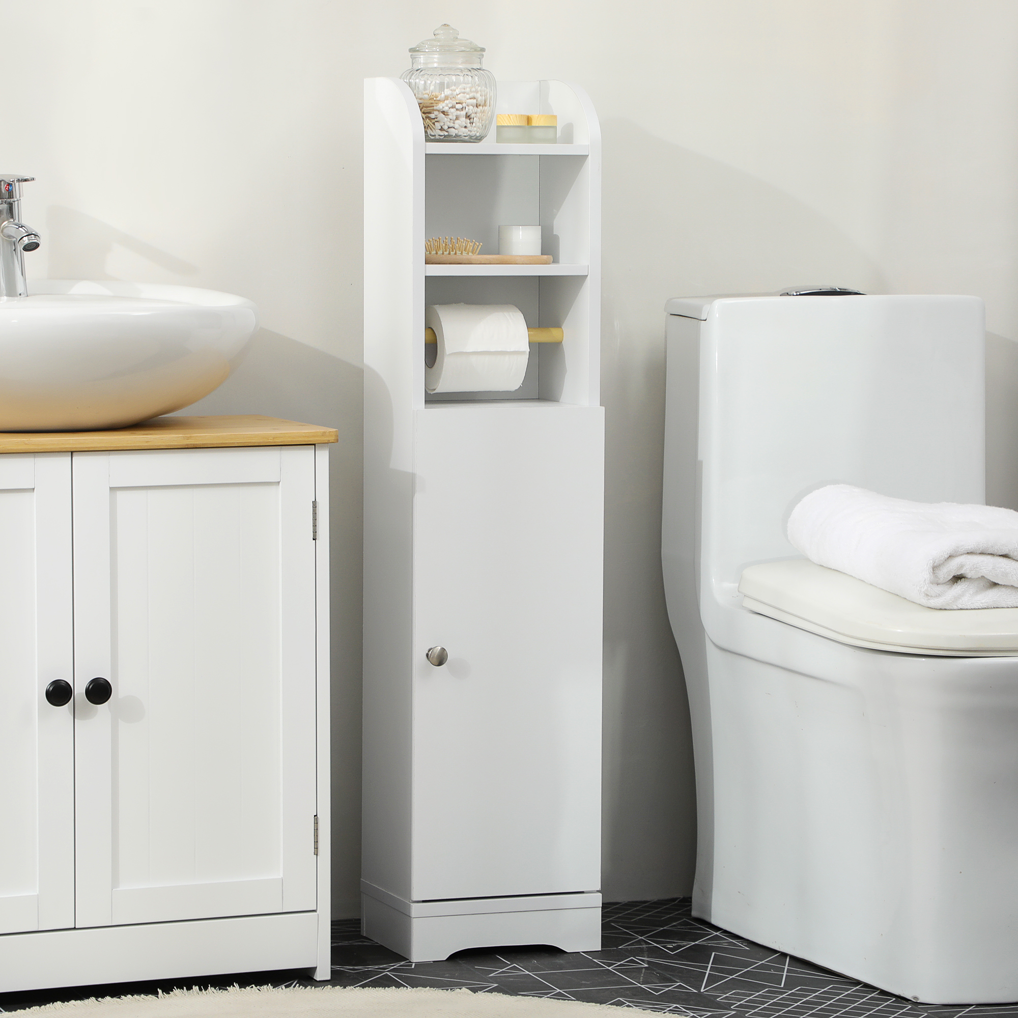 kleankin Badezimmerschrank, schmal, Regale, Schrankfach, Toilettenpapierhalter, weiß, 23 x 18 x 100 cm
