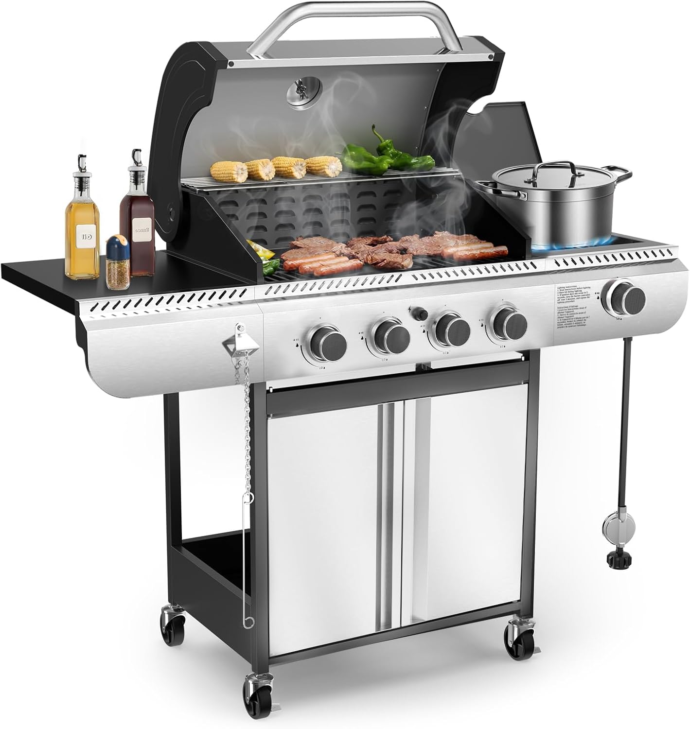 4-Burner Gas Grill with Side Burner Stainless Steel Propane Grill with Porcelain-Enameled Grills Built-In Thermometer 42000BTU BBQ Grill for Outdoor Cooking and Patio Barbecues
